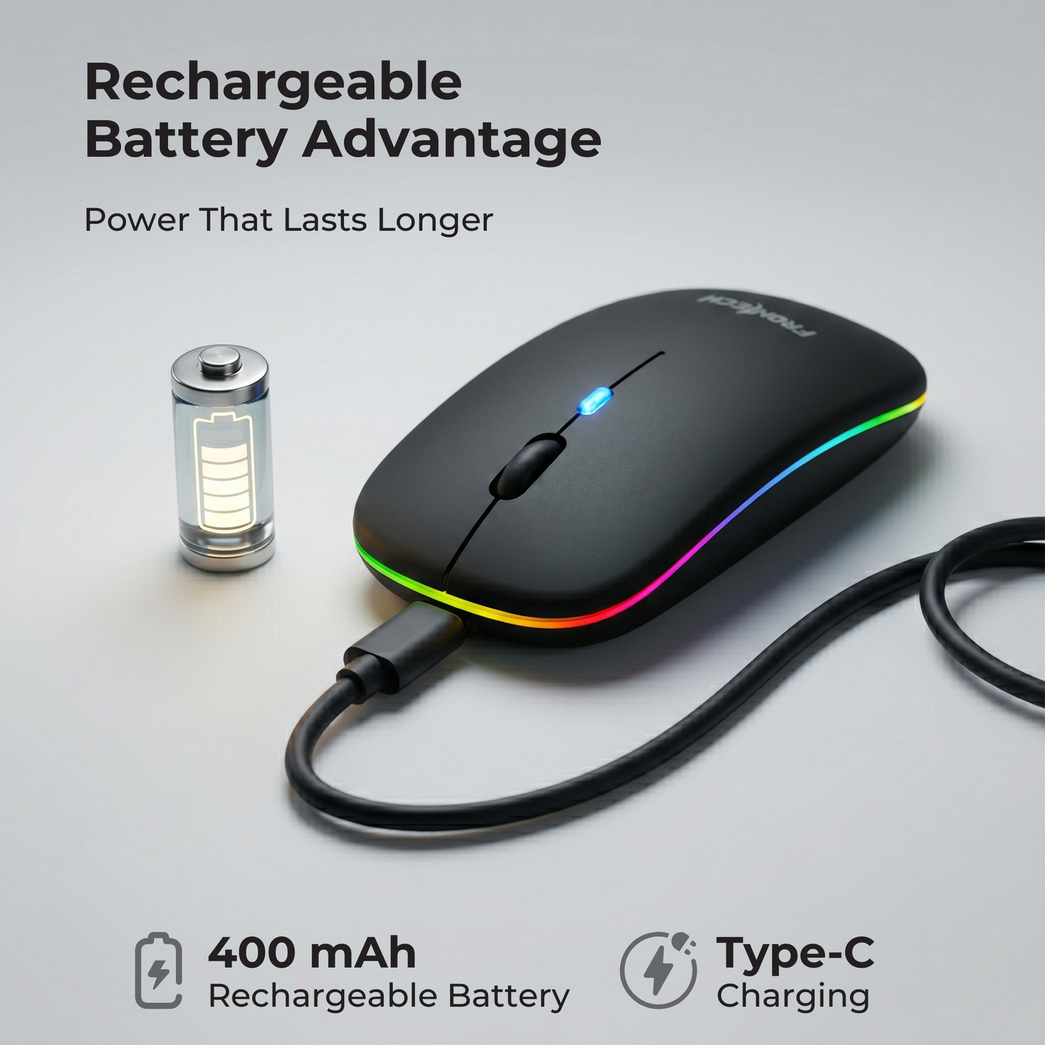 Image of Frontech Dual Connectivity Wireless Mouse | RGB | 1600 DPI | 400mAh Rechargeable Battery Ambidextrous Optical Mouse