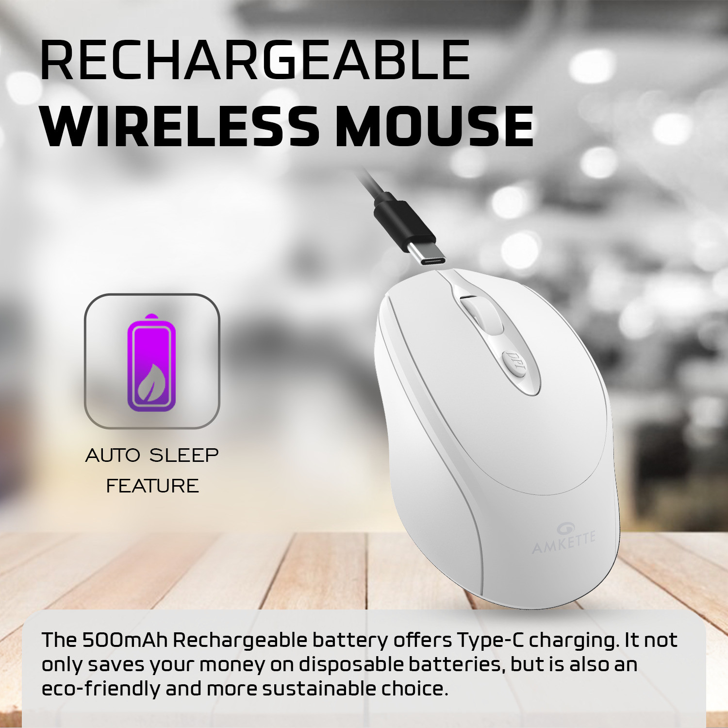 Image of AMKETTE Hush Pro Byte Plus Ambidextrous Optical Mouse Rechargeable Bluetooth