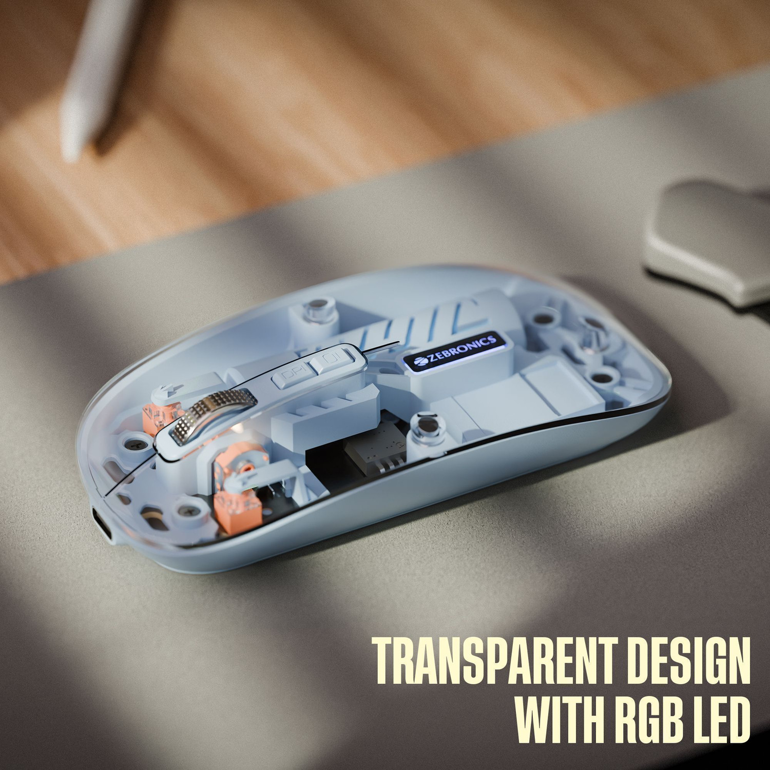 Image of ZEBRONICS Glassy 10 Ambidextrous Optical Mouse Upto 1600 DPI, 5 Buttons, Type-C Charging, Comfortable & Ergonomic With Bluetooth