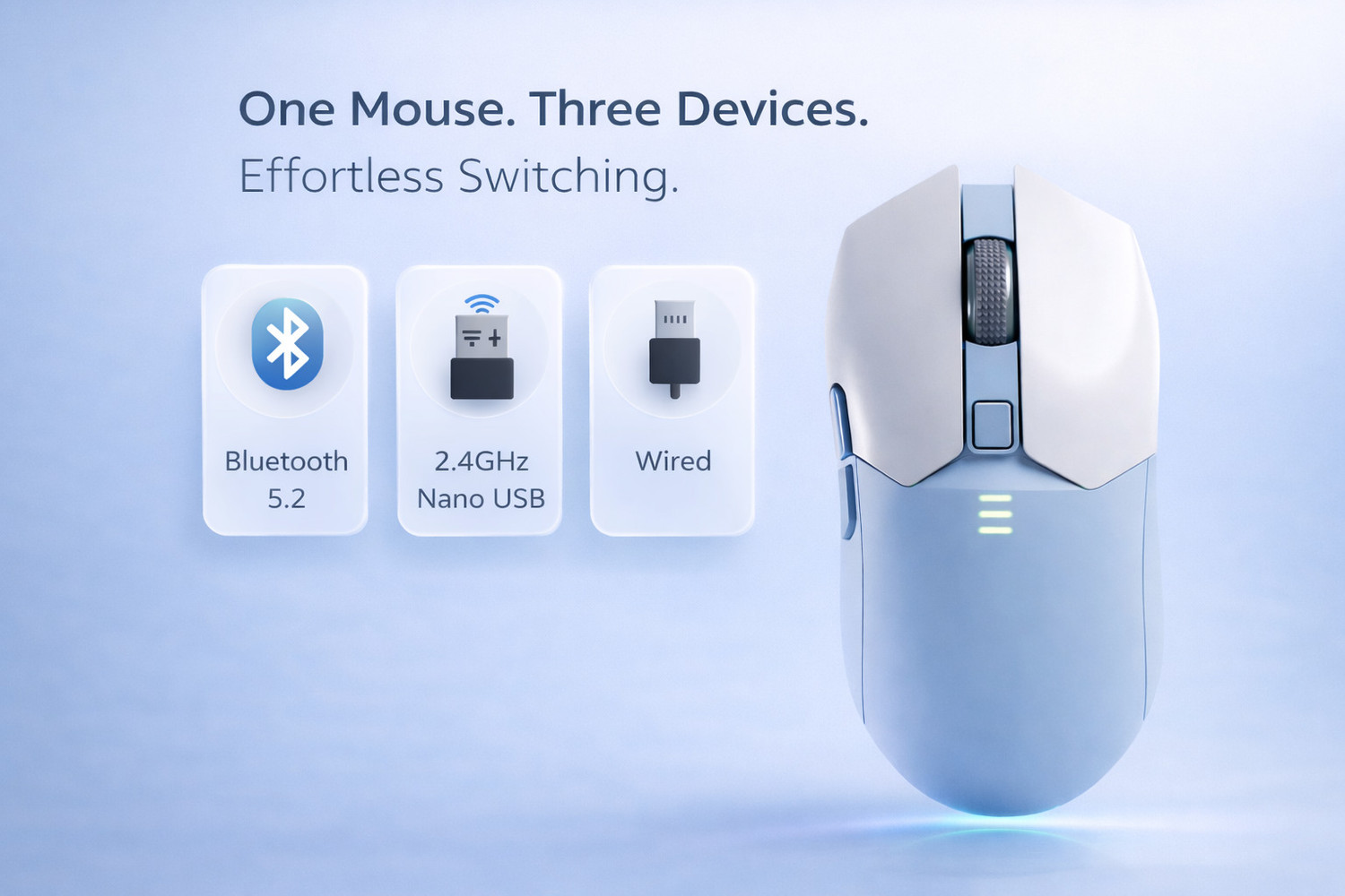 Image of Offbeat IVY Bluetooth 5.2 + 2.4 Ghz wireless + Wired Type C rechargeable Gaming mouse Right Handed Laser Gaming Mouse