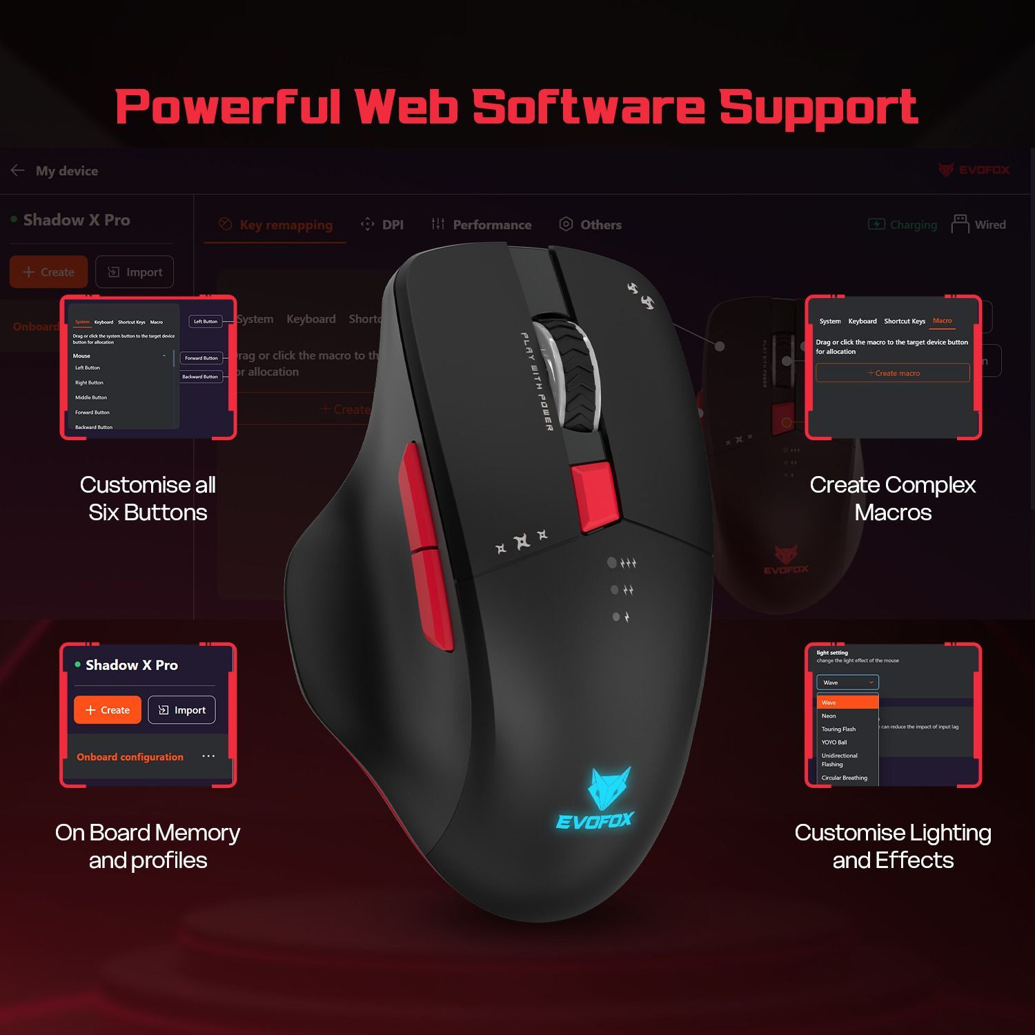 Image of EVOFOX Shadow X Pro Wireless Ergonomic Optical Gaming Mouse Tri-Mode 6400 DPI, 6 Programmable Buttons, Rechargeable With Bluetooth