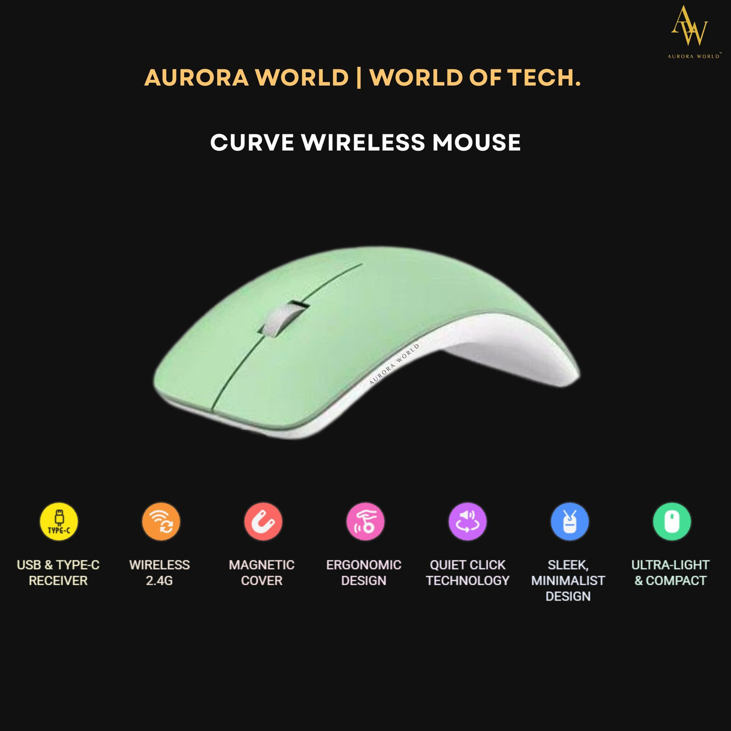 Image of Aurora World AW World Wireless Mouse - Ergonomic Curve, USB & Type-C Ergonomic Optical Mouse