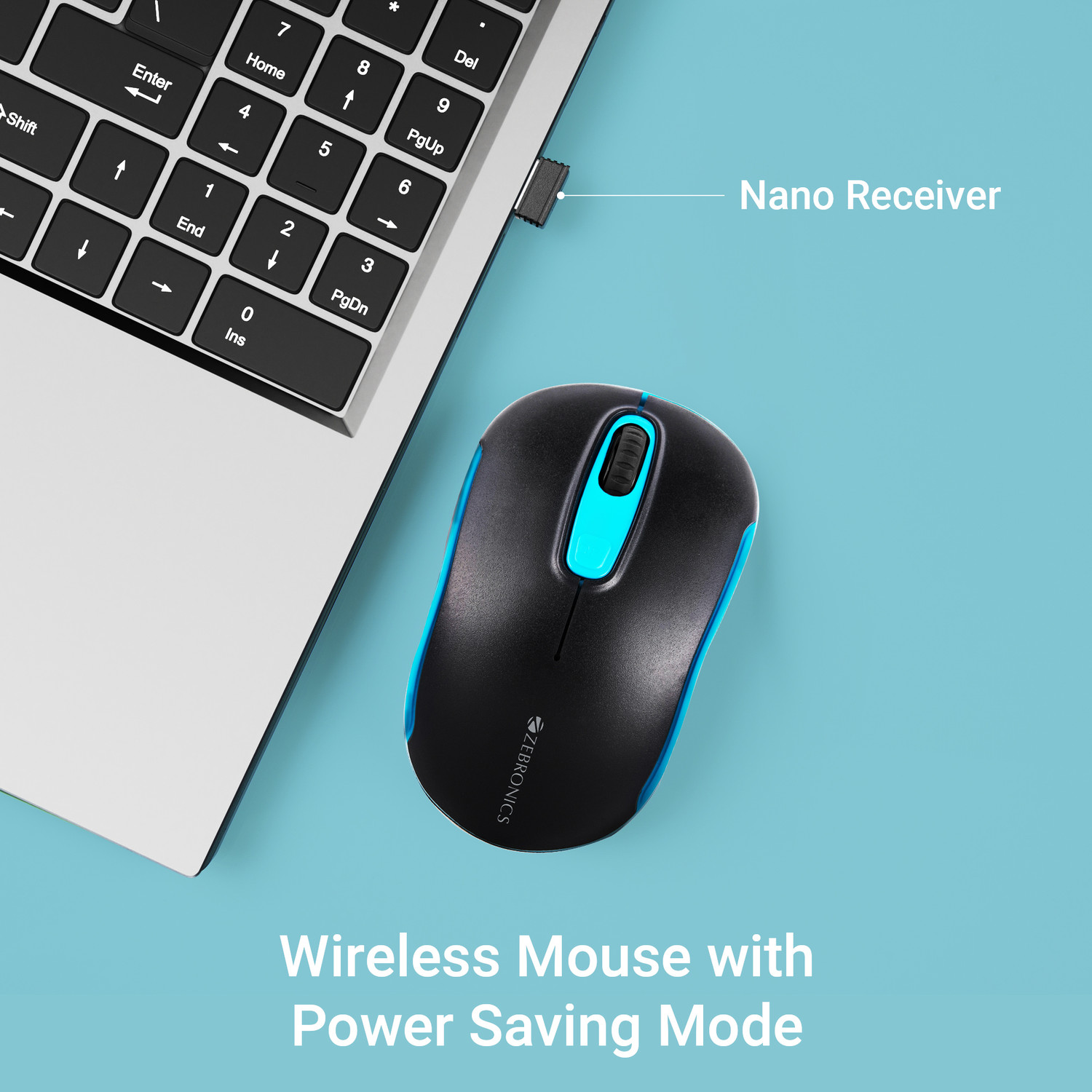 Image of ZEBRONICS Zeb - DASH PRO (BLUE) Ambidextrous Optical Mouse Wireless Mouse, 1600 DPI, 3-Level DPI, Lightweight, Power Saving