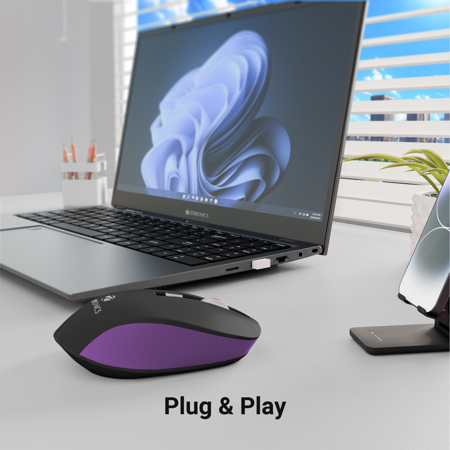 Image of ZEBRONICS Zeb-Jaguar Ambidextrous Optical Mouse Up to 1600 DPI, Silent Operation, 4 Buttons, USB Dongle