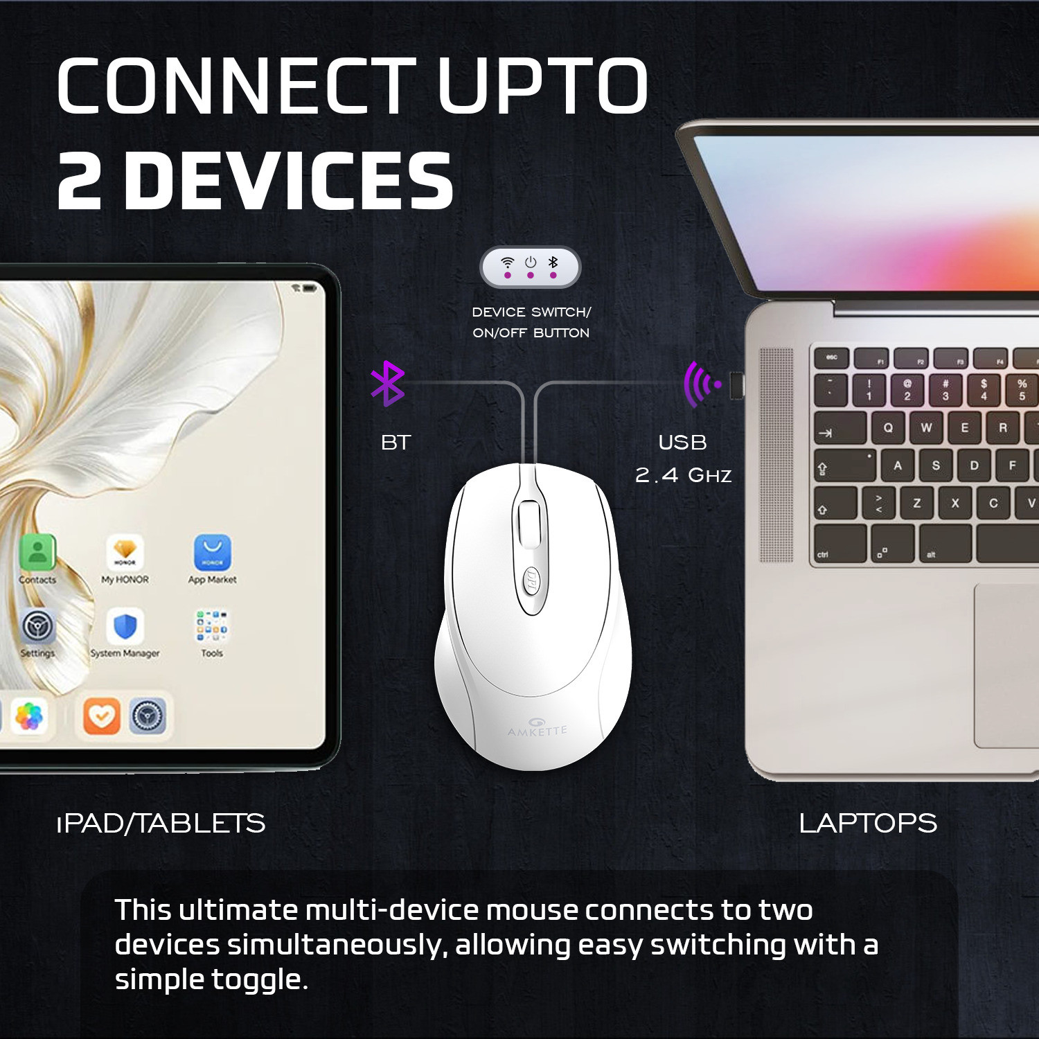 Image of AMKETTE Hush Pro Byte Plus Ambidextrous Optical Mouse Rechargeable Bluetooth