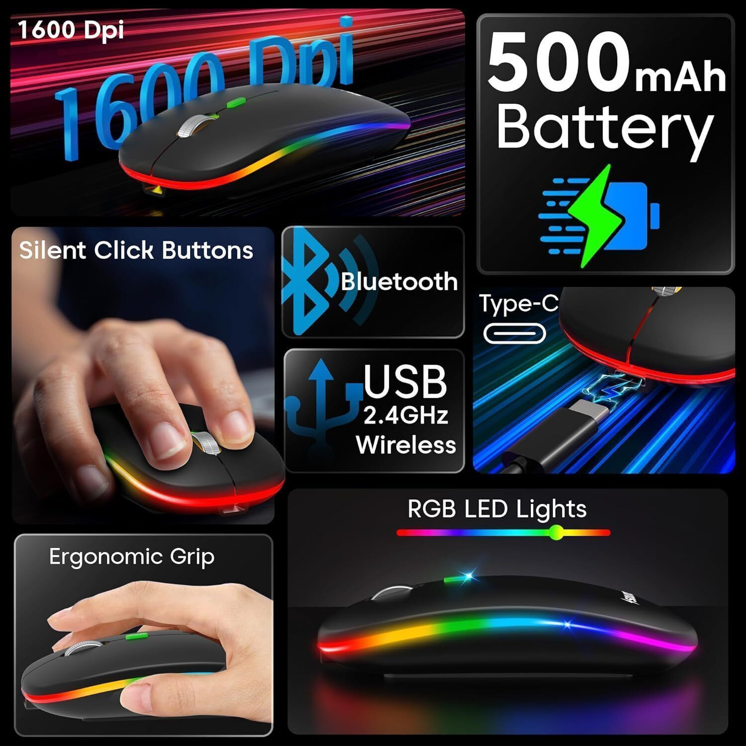 Image of sounce Astralis | SNC-BLNCWLMICEBLK Ergonomic Optical Gaming Mouse with 1600 DPI Optical Sensor, Bluetooth 2.4GHz Dual Mode, Silent Click Buttons,500mAh Rechargeable Battery and Metal Scroll Wheel for PC Daily With Bluetooth