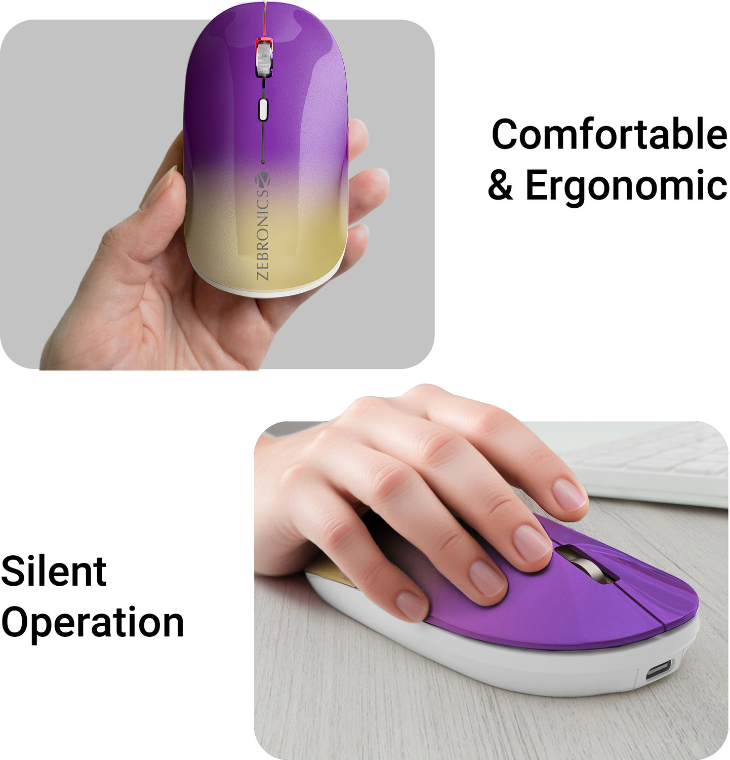 Image of ZEBRONICS Poise Ambidextrous Optical Mouse Rechargeable Wireless Mouse ,1600DPI, Silent Ergonomic, 4 Buttons
