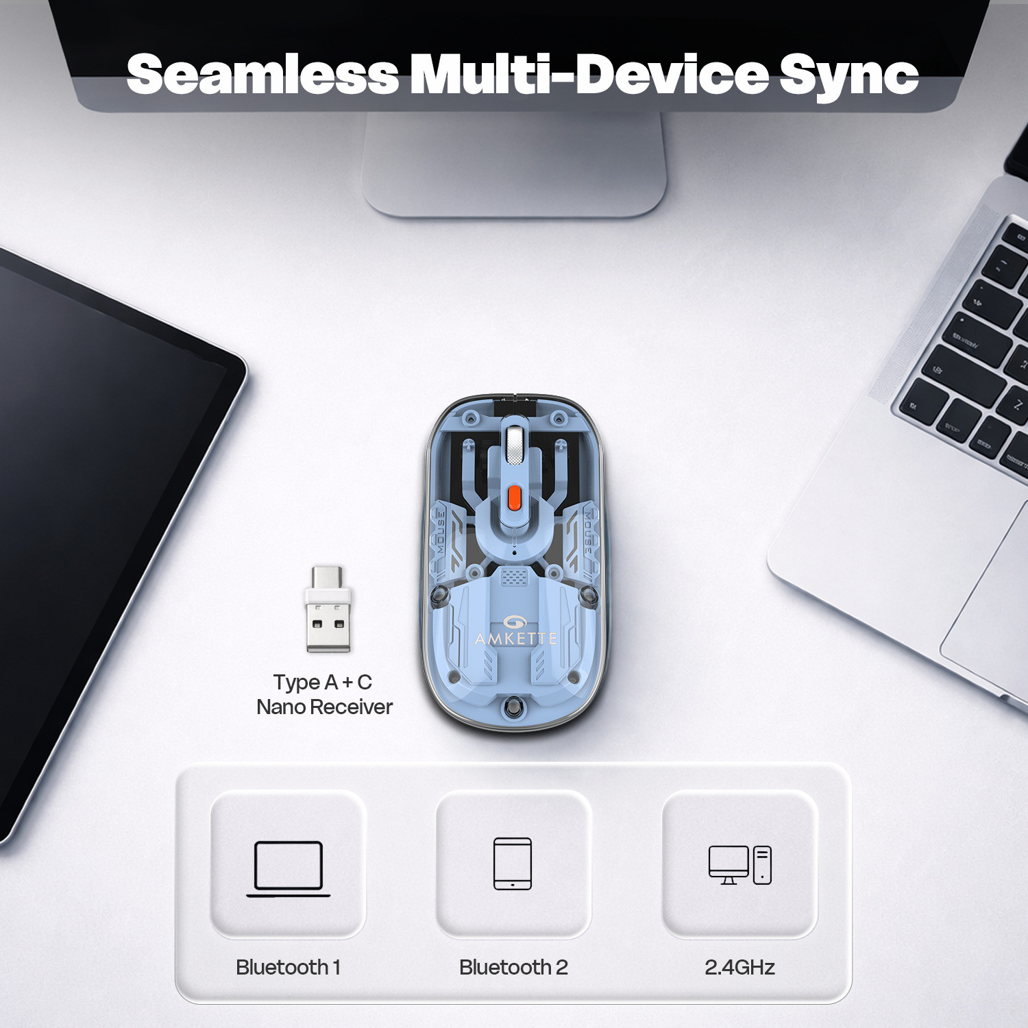 Image of AMKETTE Epic TP Multi-Device 3200 DPI with USB A+C Nano Receiver Rechargeable Ambidextrous Optical Mouse