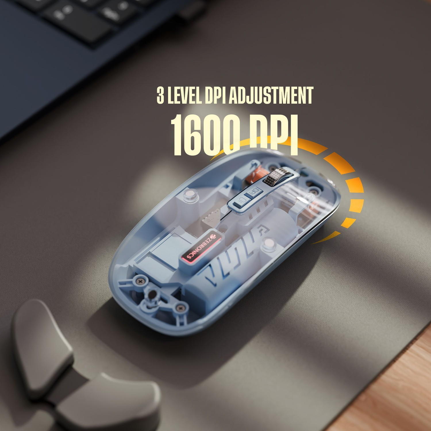 Image of ZEBRONICS Glassy 10 Ambidextrous Optical Mouse Upto 1600 DPI, 5 Buttons, Type-C Charging, Comfortable & Ergonomic With Bluetooth