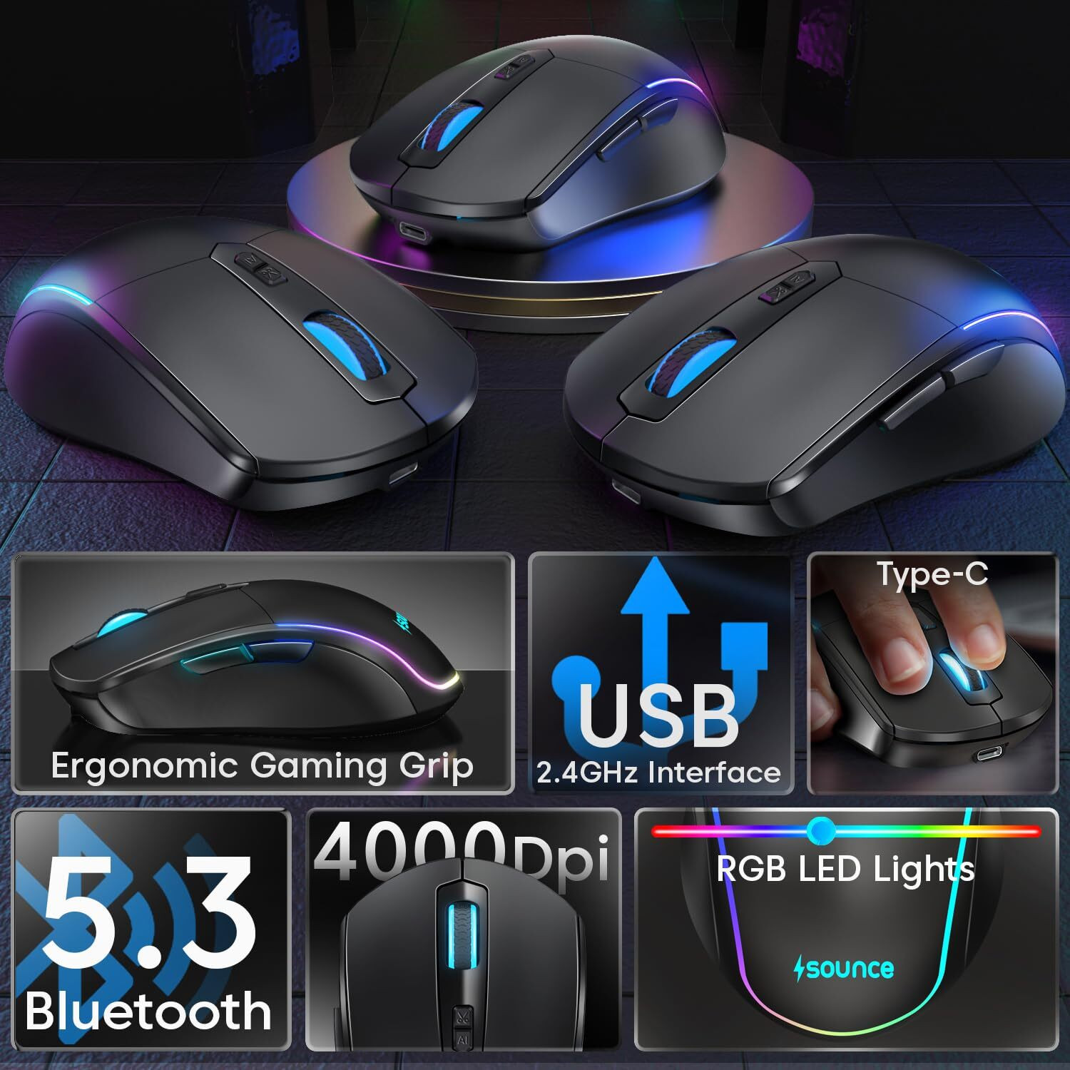 Image of sounce LogicOne | SNC-WRLSMUS-RGBBLK Ergonomic Optical Gaming Mouse RGB with 4000 DPI Sensor,Bluetooth 5.3, Silent 6 Button, 500mAh Rechargeable Battery for Laptop Tablet PC For Office With Bluetooth