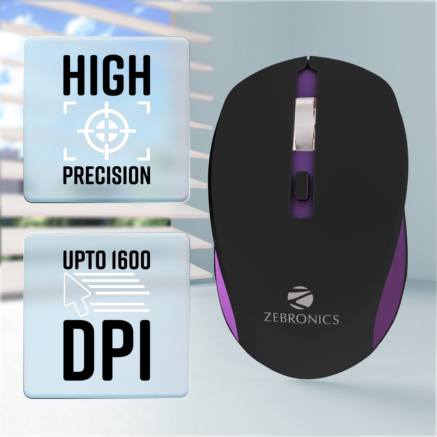 Image of ZEBRONICS Zeb-Jaguar Ambidextrous Optical Mouse Up to 1600 DPI, Silent Operation, 4 Buttons, USB Dongle