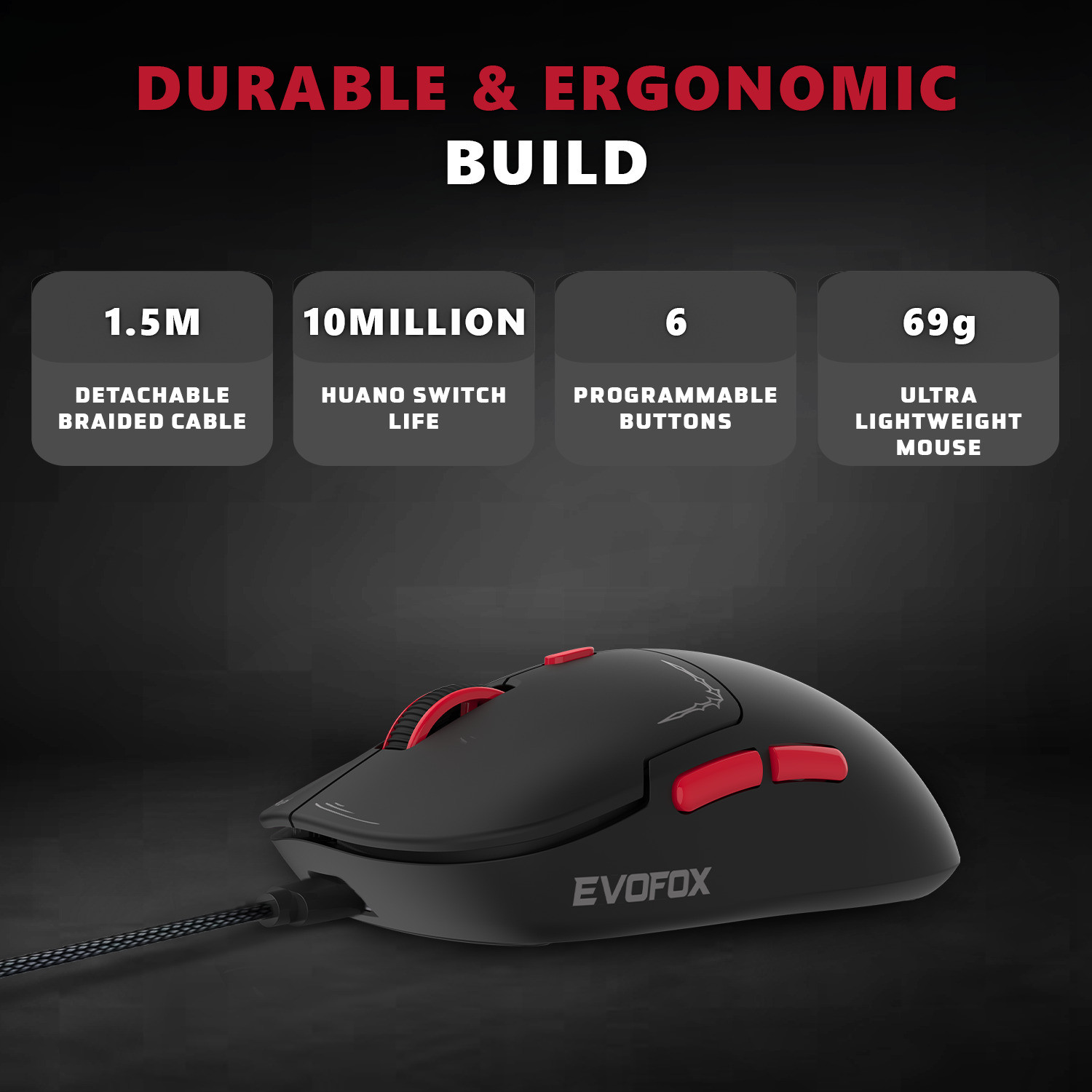 Image of EVOFOX Phantom Air Tri-Mode Programmable Ultra Light Weight 12,800 DPI Rechargeable Wireless Ambidextrous Optical Gaming Mouse With Bluetooth