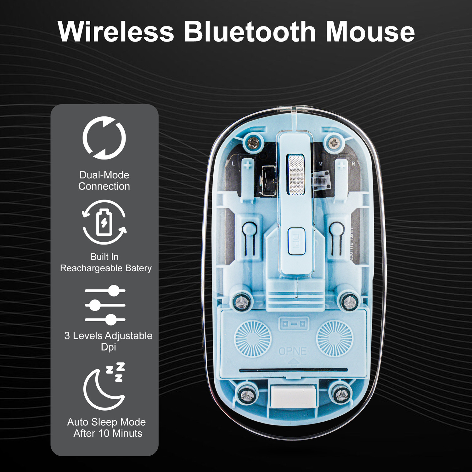 Image of Dezful Transparent Wireless and Bluetooth Rechargeable Mouse Ambidextrous Optical Gaming Mouse