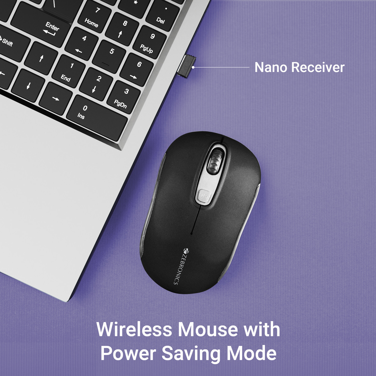 Image of ZEBRONICS Zeb - DASH PRO (GREY) Ambidextrous Optical Mouse Wireless Mouse, 1600 DPI, 3-Level DPI, Lightweight, Power Saving
