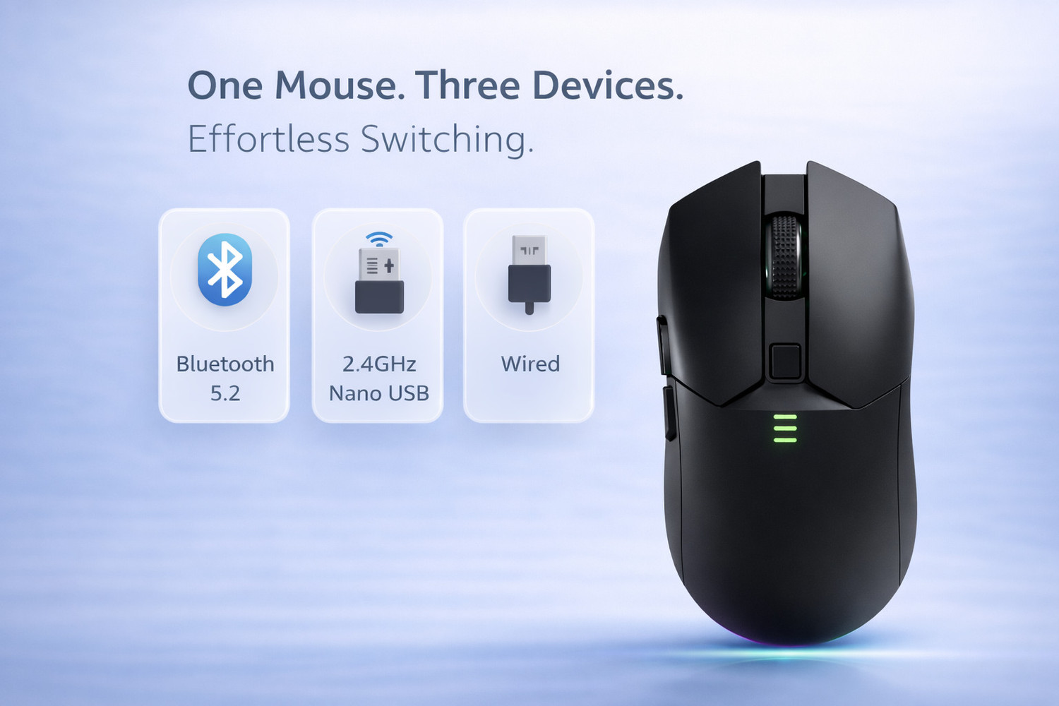 Image of Offbeat IVY Bluetooth 5.2 + 2.4 Ghz wireless + Wired Type C rechargeable Gaming mouse Right Handed Laser Gaming Mouse