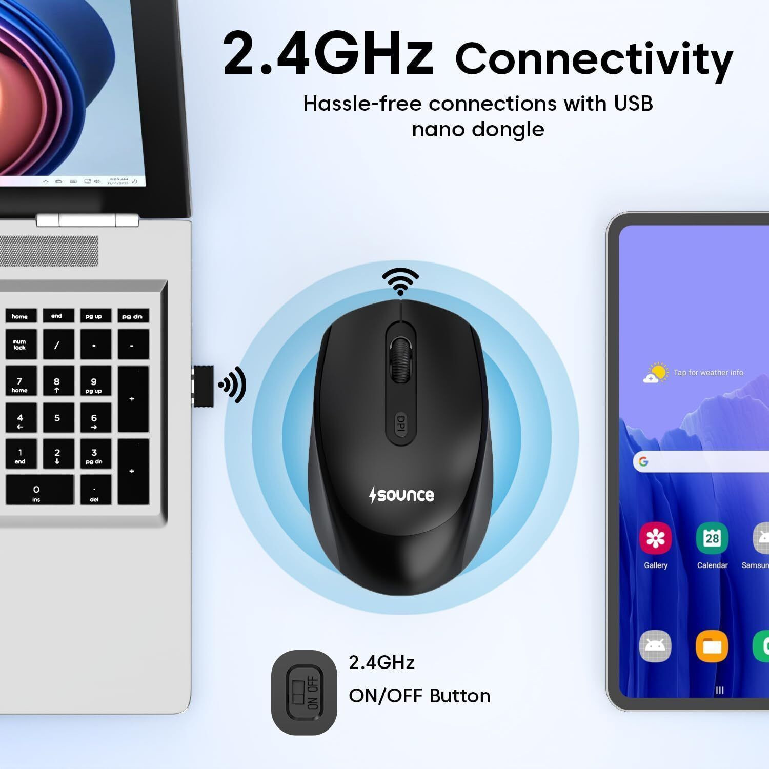 Image of sounce Quantum | SNC-TOD23WLOPTCLMICEBLK Ergonomic Optical Gaming Mouse with 1600 DPI Precision Sensor, Silent Click Buttons, Smooth Scroll Wheel,500mAh Rechargeable Battery for Office Use With Bluetooth