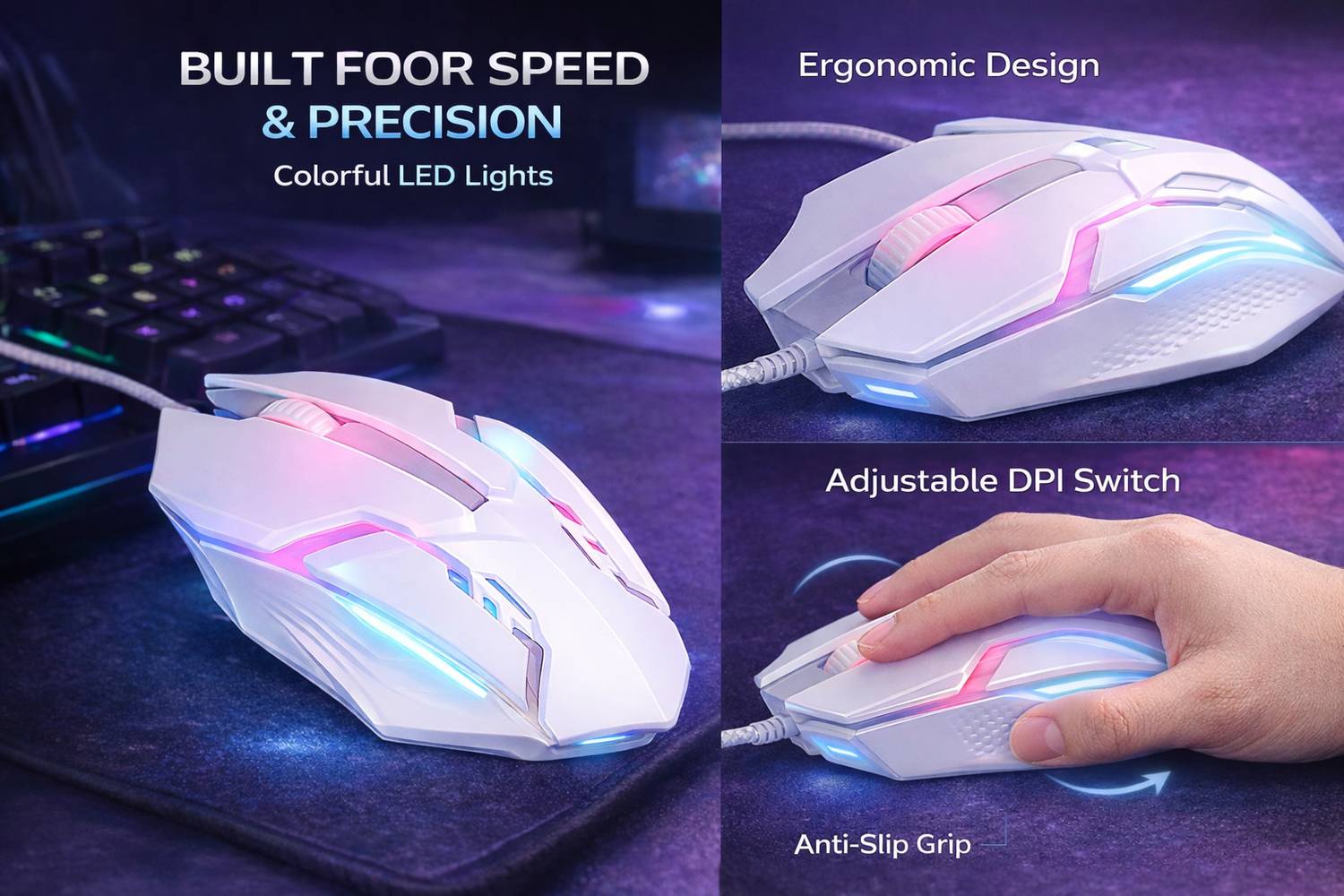 ABC 1200 DPI RGB LED Gaming Mouse White - Image 2