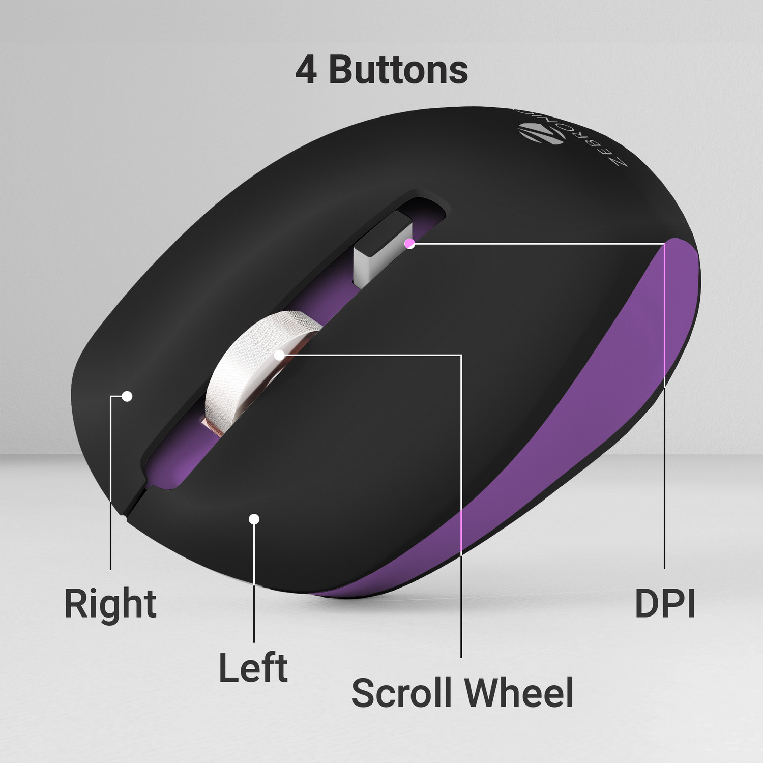 Image of ZEBRONICS Zeb-Jaguar Ambidextrous Optical Mouse Up to 1600 DPI, Silent Operation, 4 Buttons, USB Dongle