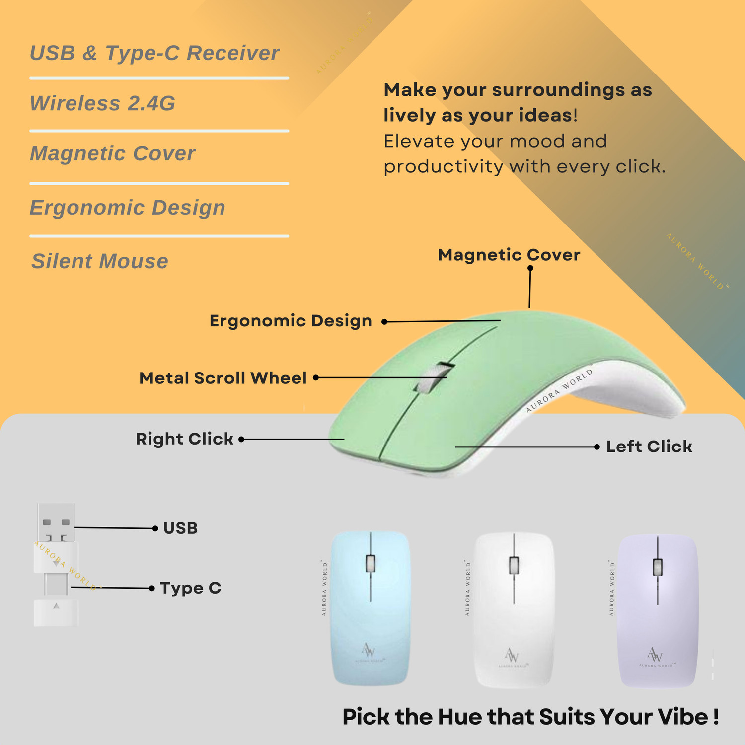 Image of Aurora World AW World Wireless Mouse - Ergonomic Curve, USB & Type-C Ergonomic Optical Mouse