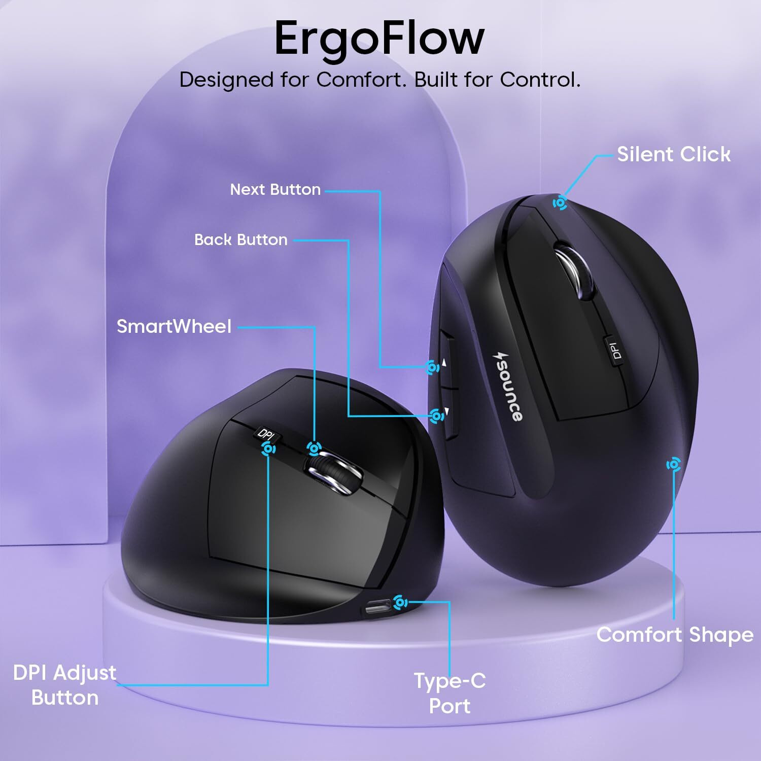 Image of sounce ErgoFlow | SNC-ERGOFLOW-WIRLSMUS-BLK Ergonomic Optical Mouse Upto 4000 DPI Adjustable 6 Button Control Rechargeable Battery Ergonomic Design Noise Free Clicking Premium With Bluetooth