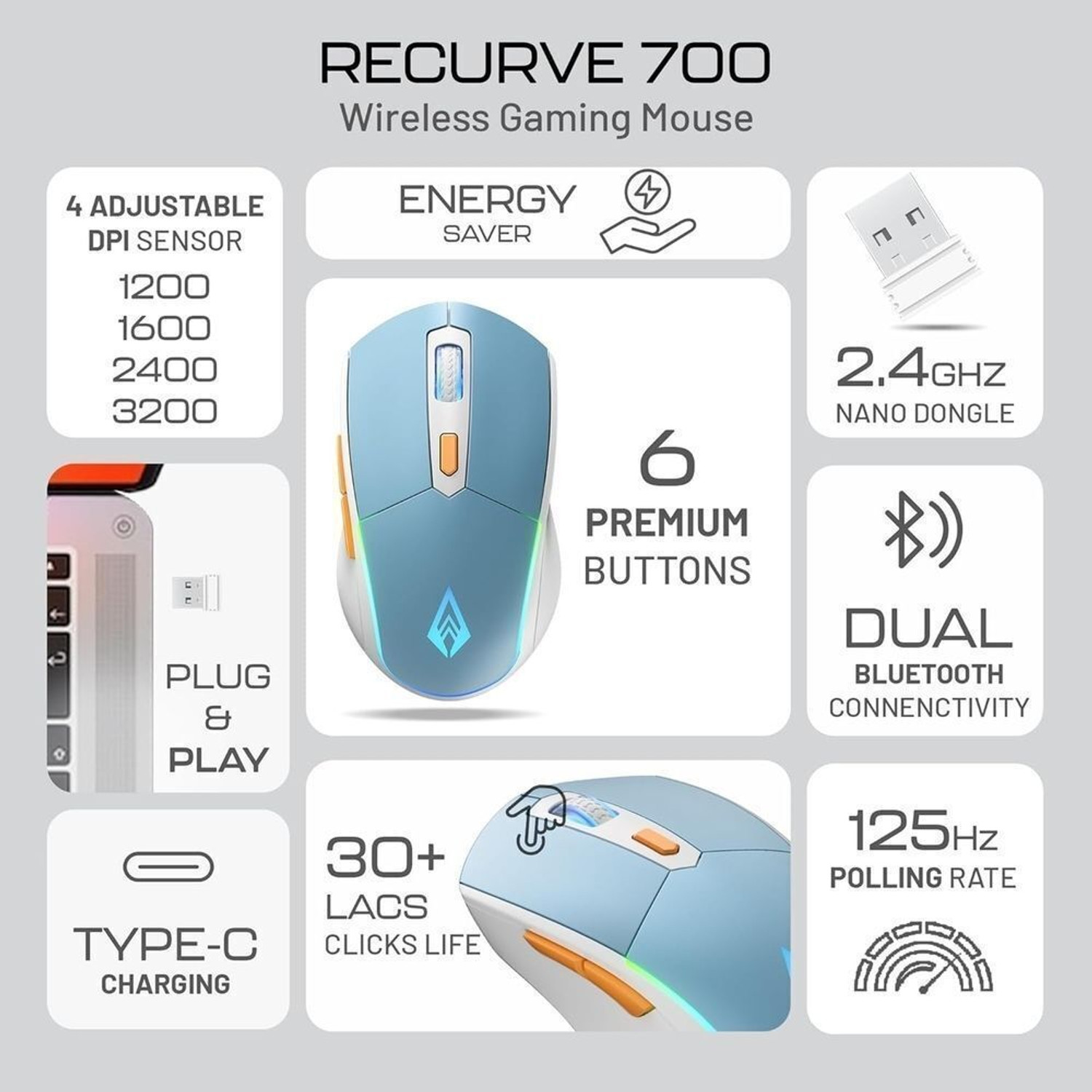 Image of Archer Tech Lab Recurve 700 Wireless Gaming Mouse RGB light, dual Bluetooth /2.4GHz, 4 DPI, USB-C Wireless Ambidextrous Optical Gaming Mouse With Bluetooth