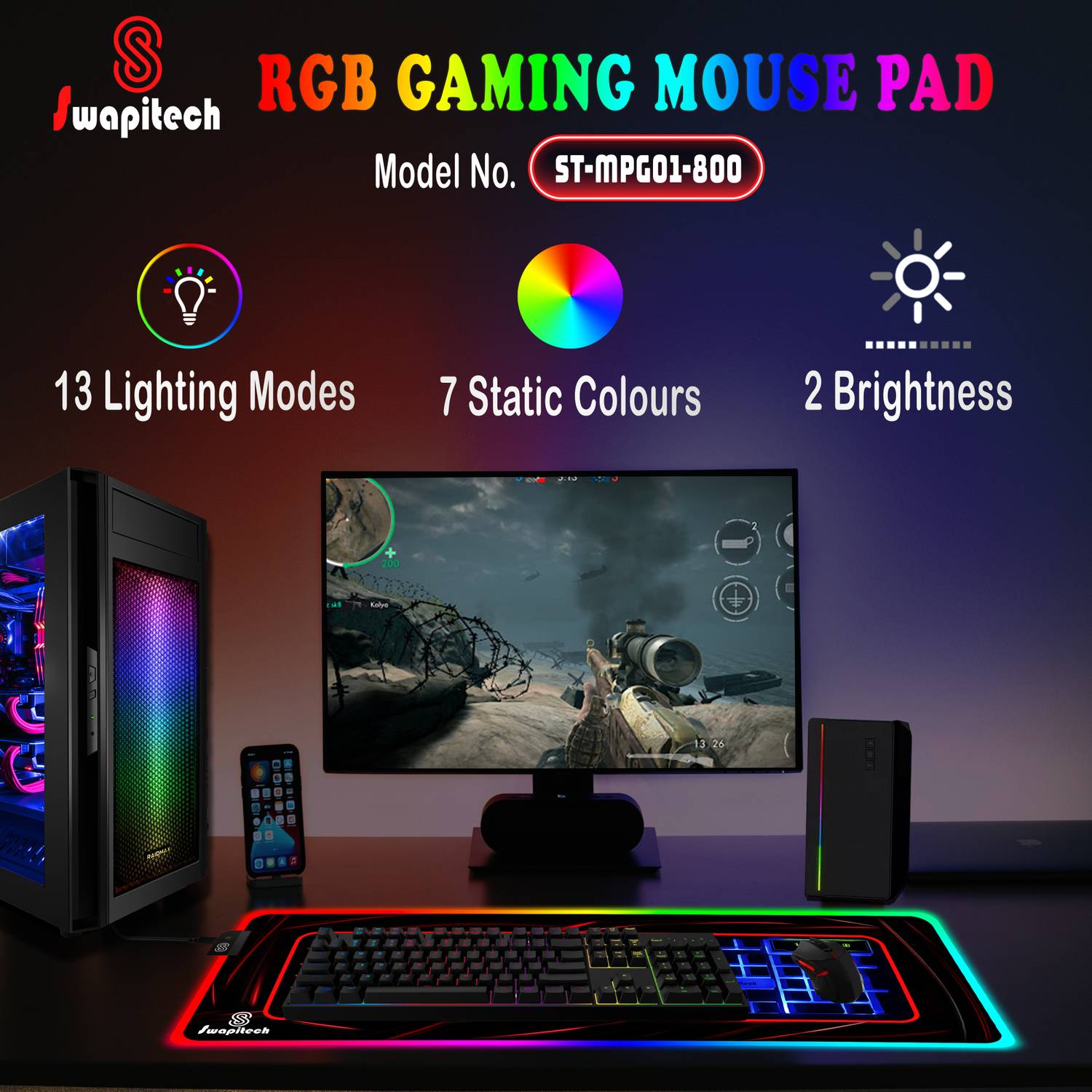 SWAPITECH RGB Gaming Mouse Pad 13 Lighting Modes - Image 4