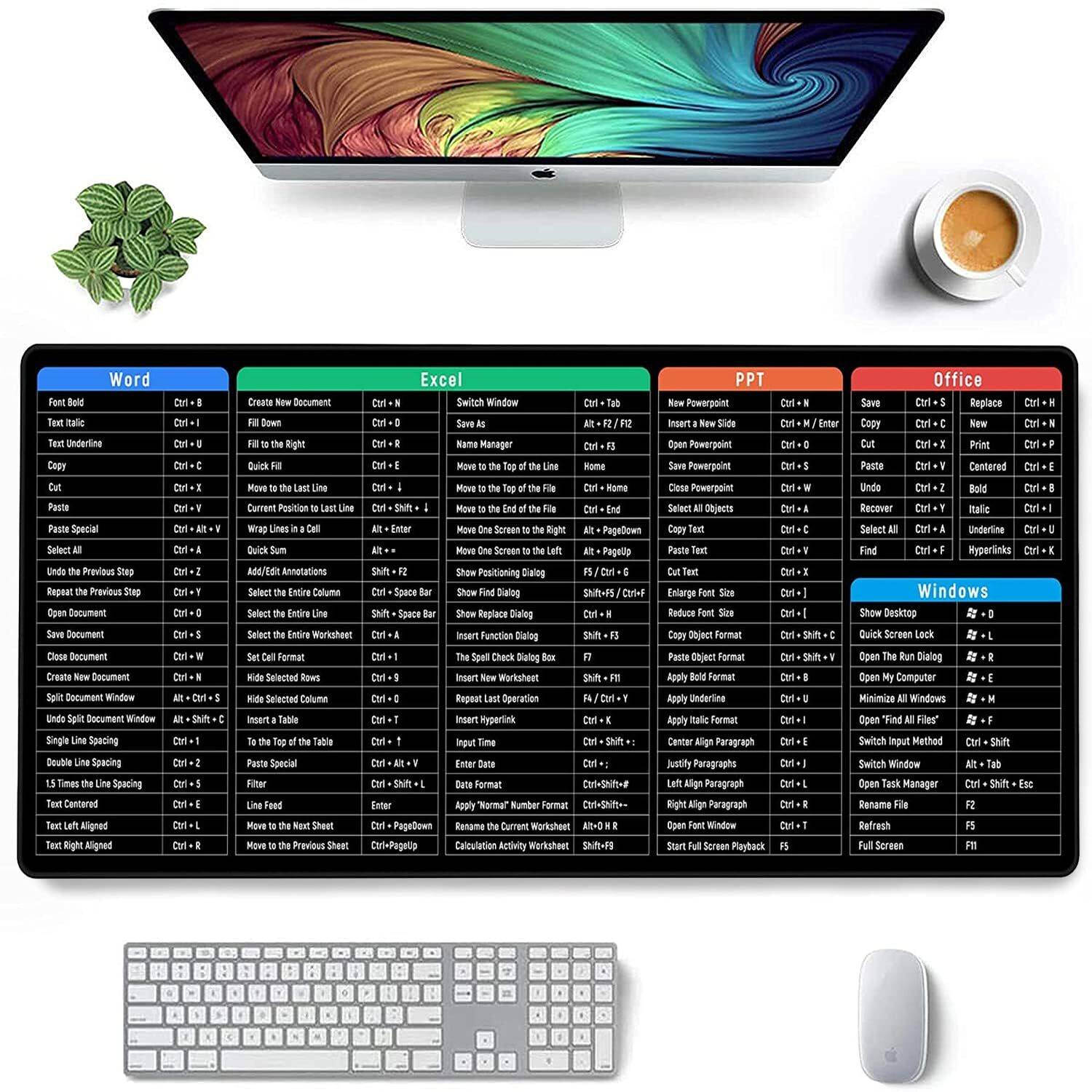 Excel Shortcuts Mouse Mat, 80x30cm Large Mouse Pad, Keyboard Non-Slip