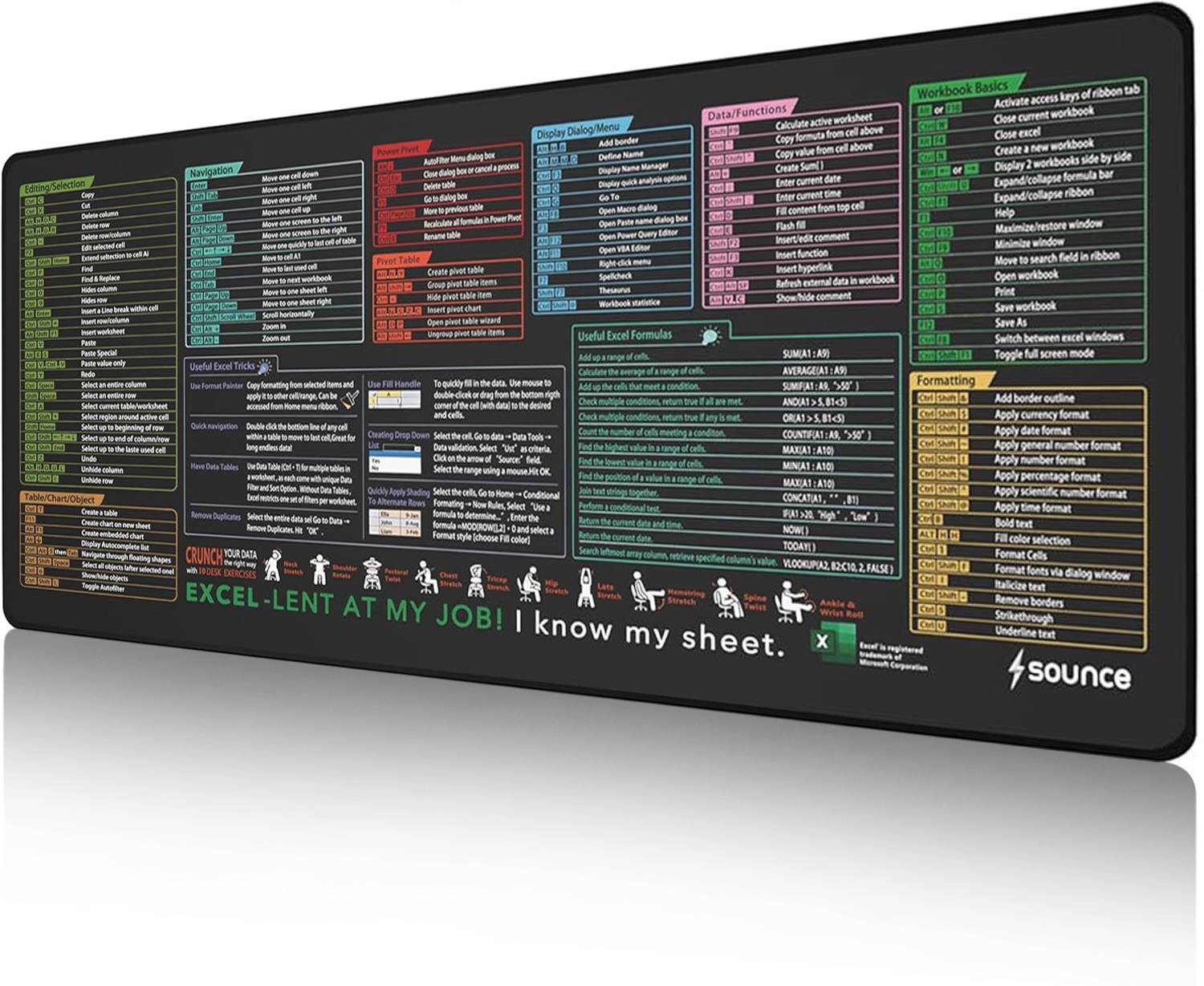 sounce Excel, Word, PowerPoint, Windows Shortcuts Office-Shortcuts | SNC-EXSLMOSMD-BLK Non Slip Base Mousepad