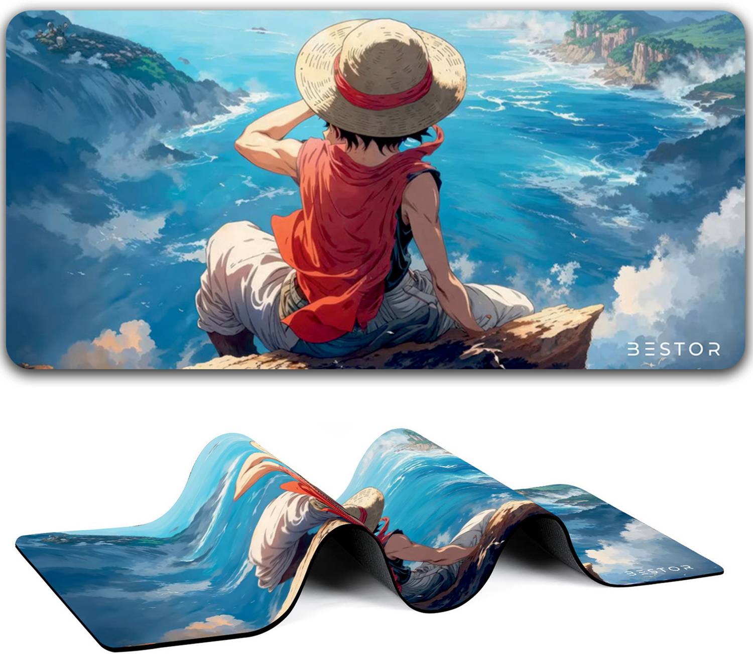 Bestor Anime Series Mouse Pad-Luffy Ocean Cliff Design Mouse Mat 60cmx34cm Non Slip Base Mousepad