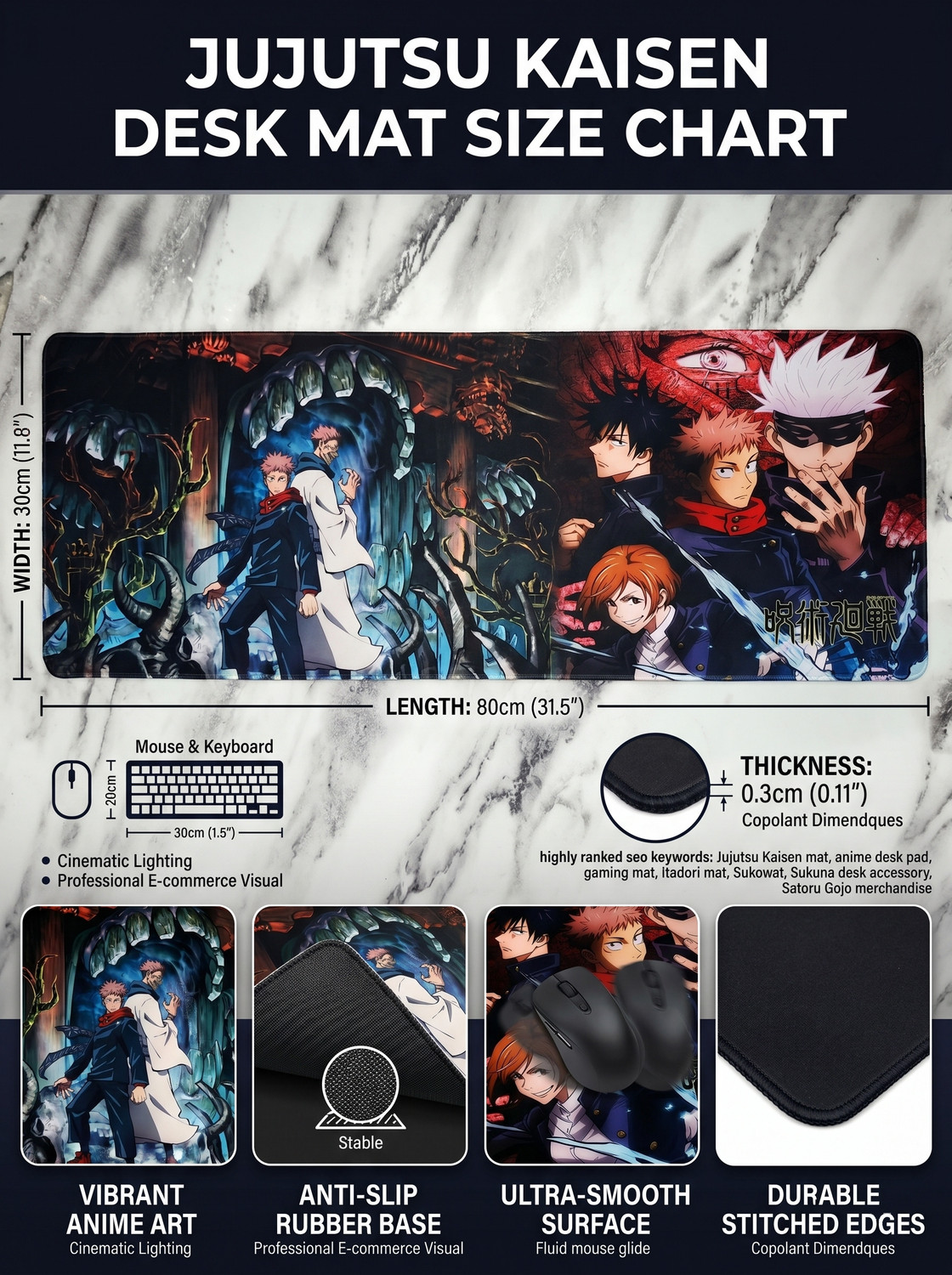 Image of World Gift Mart Jujutsu Kaisen Anime Desk Mat, Extended XXL Mouse Pad with Non-Slip Rubber Base Non Slip Base Mousepad