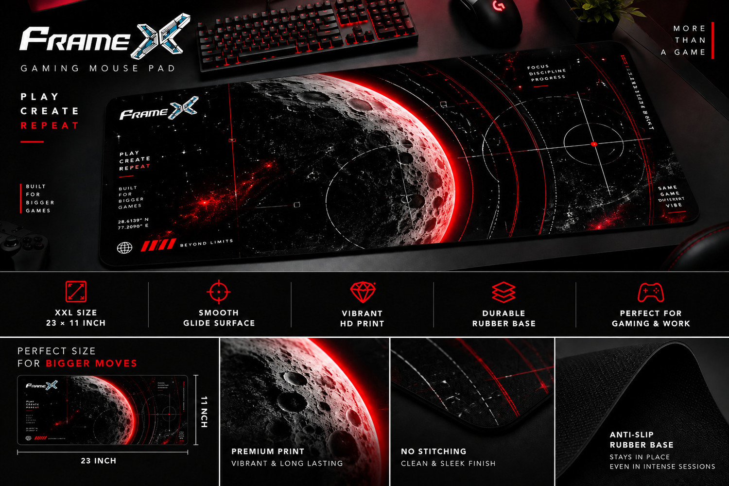 Image of Framex Crimson Orbit Non Slip Base Mousepad (Black & Red)