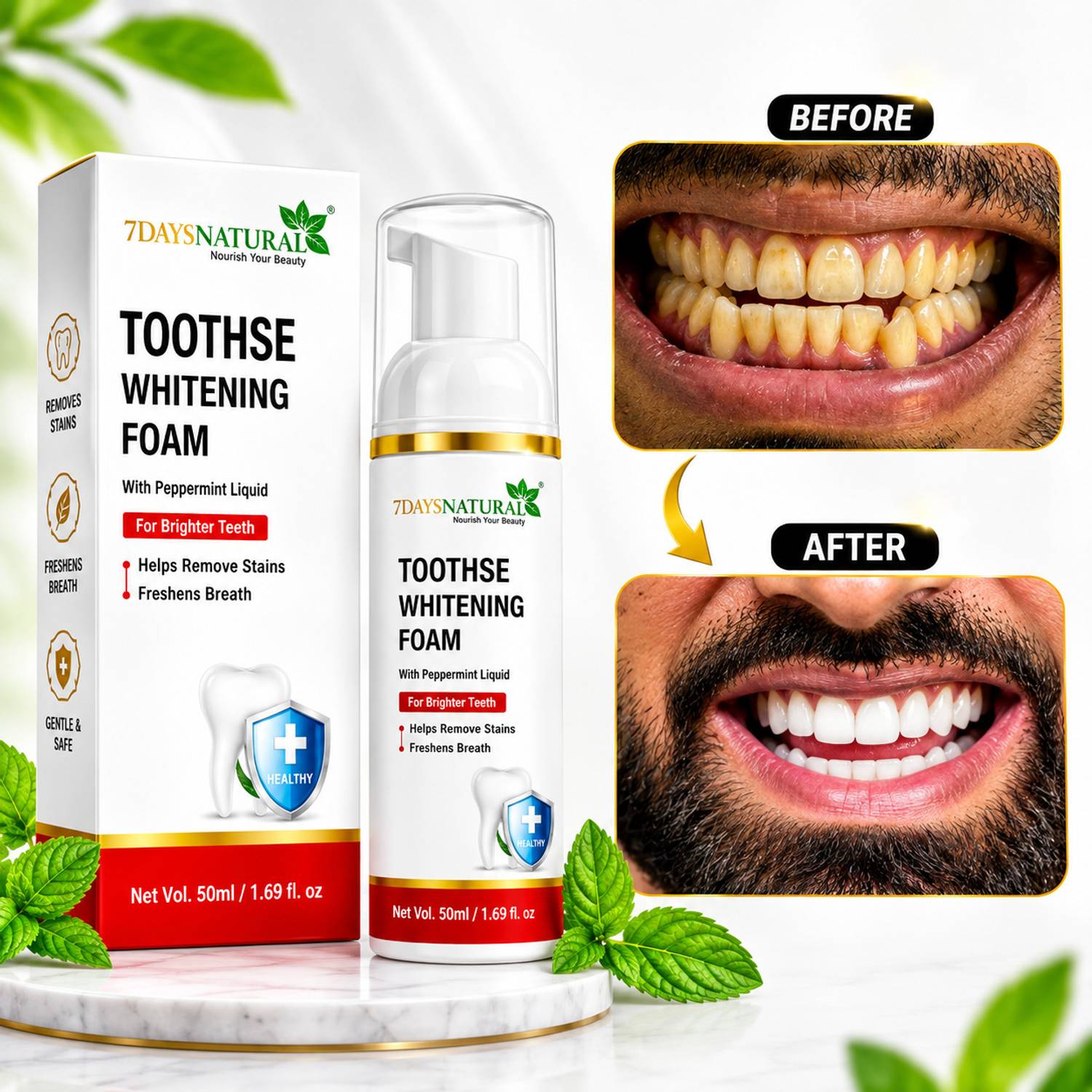 7 Days Natural Teeth Whitening Foam for men & women (no side effect) Pack of ; 1 - orange