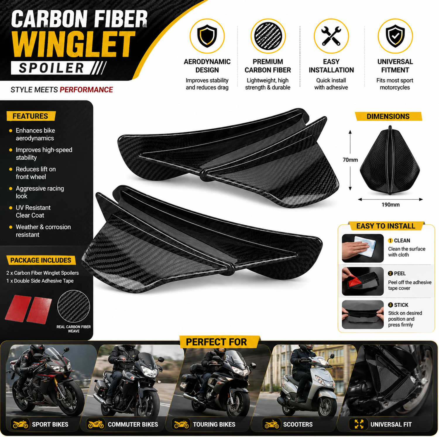 Image of LOVMOTO Rear Mud Guard, Mud Flap For Universal For Bike Universal Bike Side Carbon Fiber Glosy Premium Wings Winglet 2024 (Multicolor)