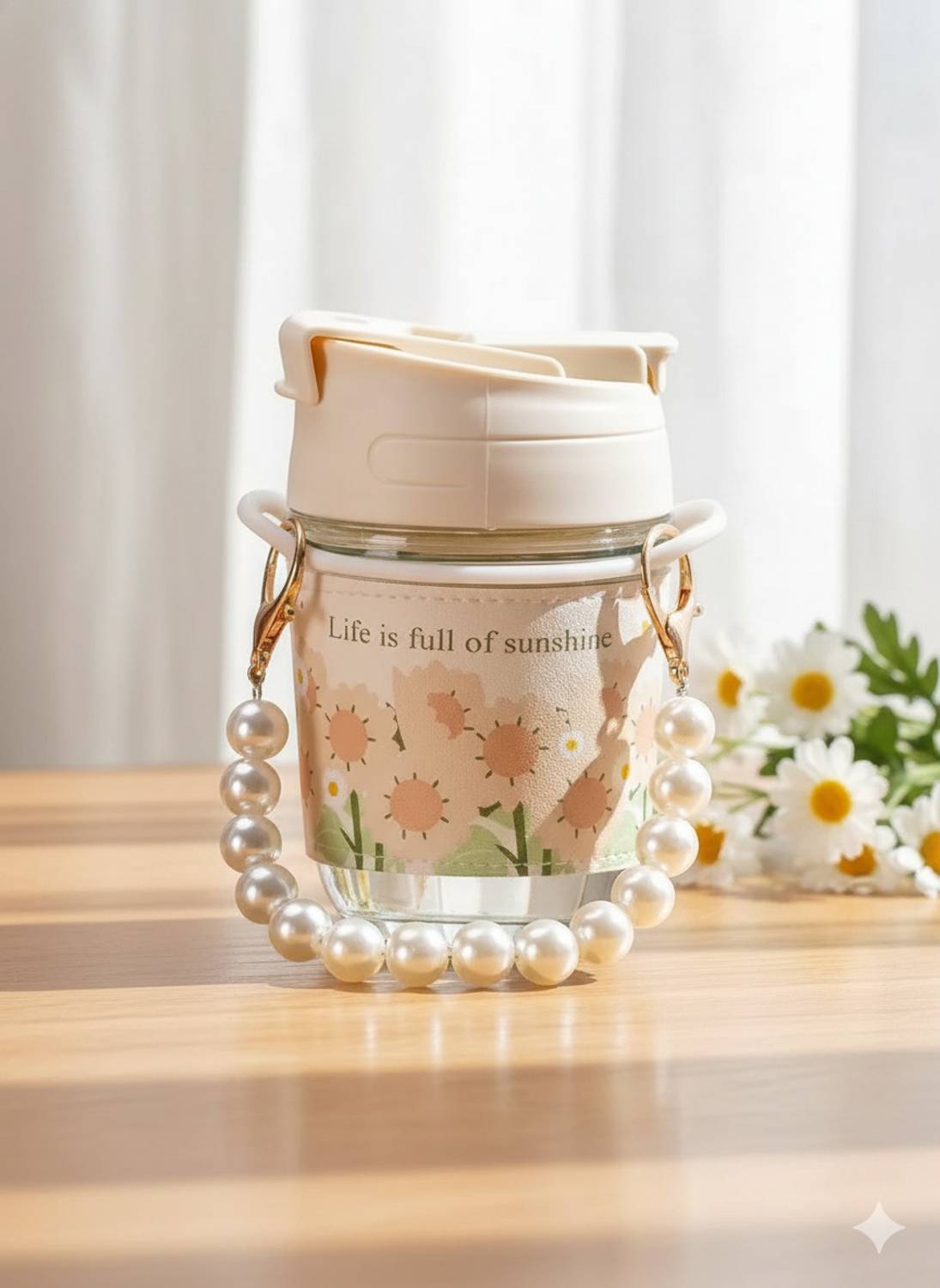 AANZIA Pearl Bracelet Double Drinking Glass Cup Coffee Cup Water Bottles with Straw Stainless Steel Coffee Mug