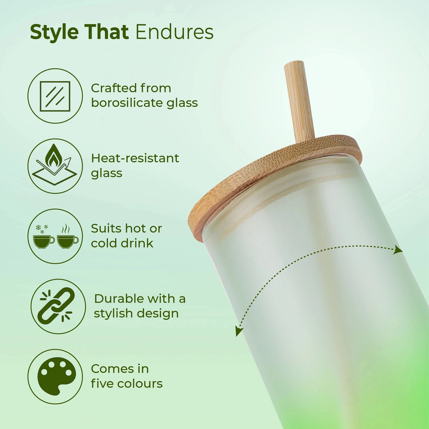 Image of IMECO ECO LYTE Glass Sipper Bottle with Bamboo Lid & Reusable Straw | Green | Glass Tumbler