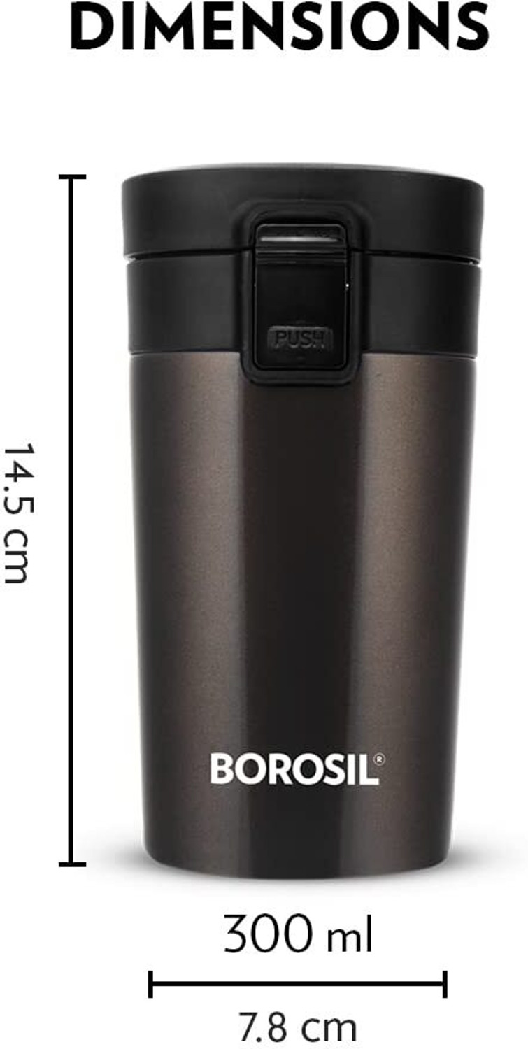Image of BOROSIL Coffeemate Vacuum Insulated Travel Mug with Lid, 8 Hours Hot & 14 Hours Cold 300 ml Steel Flask