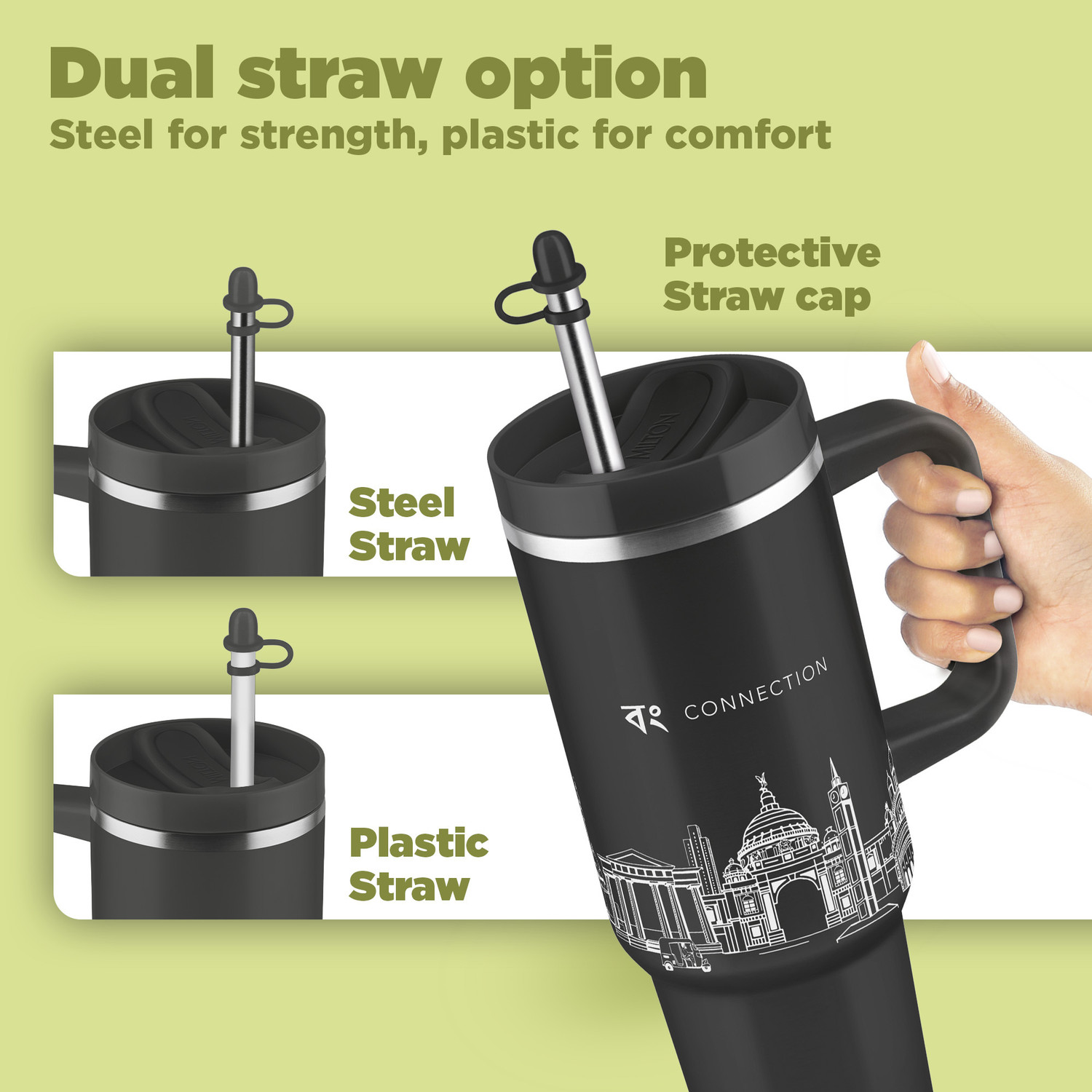 Image of MILTON Malmo 1200 Thermosteel Vacuum Insulated Tumbler 1100 ml with Straw Kolkata Black Stainless Steel Tumbler (1100 ml)