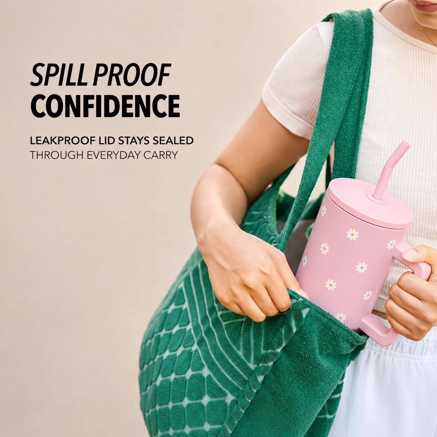 Image of INDIWARRIOR Sipper Tumbler With Handle And Straw With Lid Daisy Printed Travel Stainless Steel Tumbler