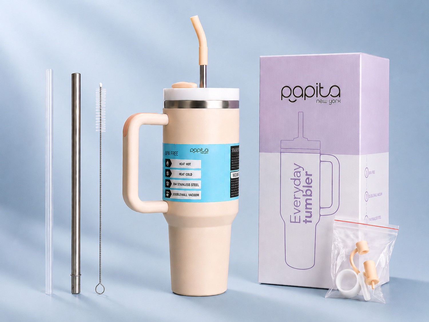 Image of papita TUMBLER Handle,Dual Lid,Drinking Straw,Hot&Cold Double Vacuum Insulated Flask Stainless Steel Tumbler
