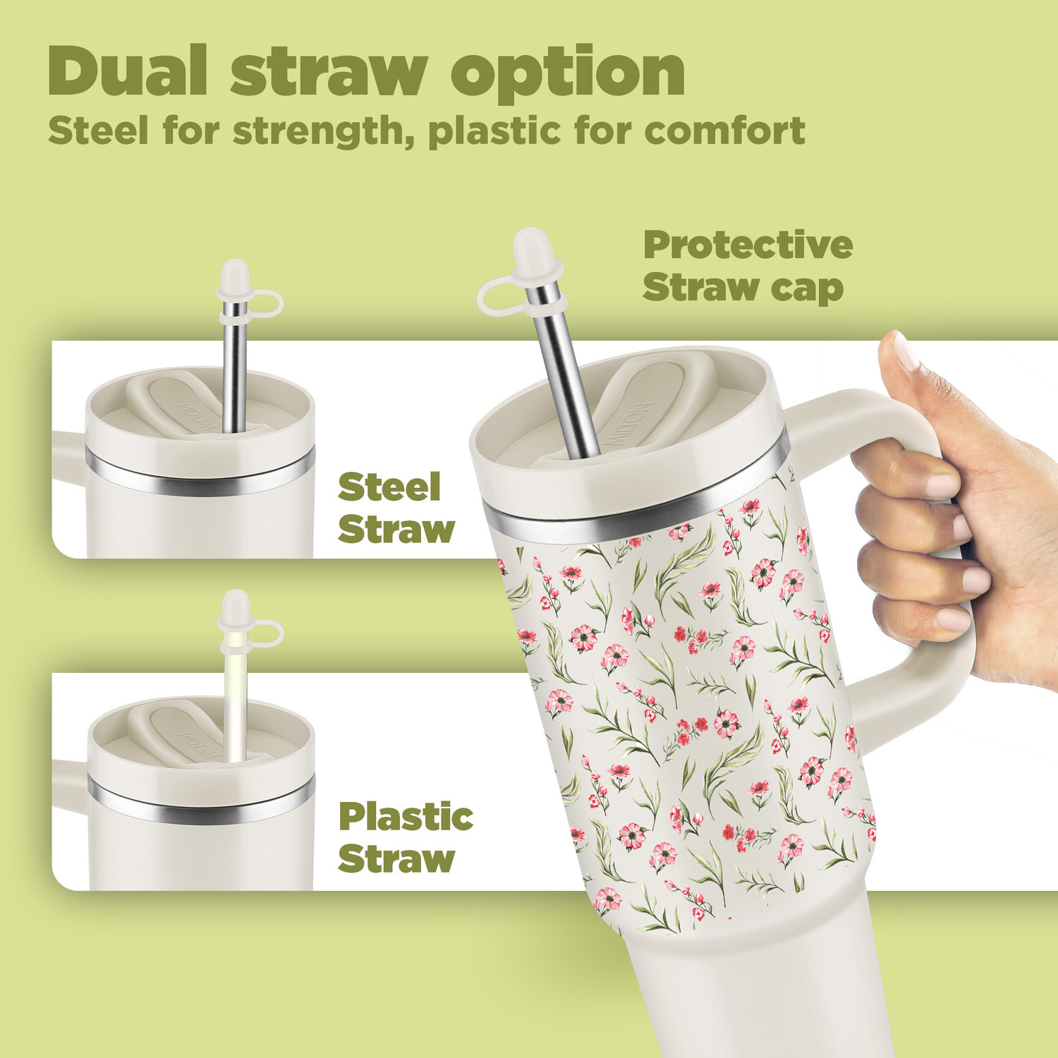 Image of MILTON Malmo 1200 Thermosteel Vacuum Insulated Tumbler 1100 ml with Straw Floral Beige Stainless Steel Tumbler