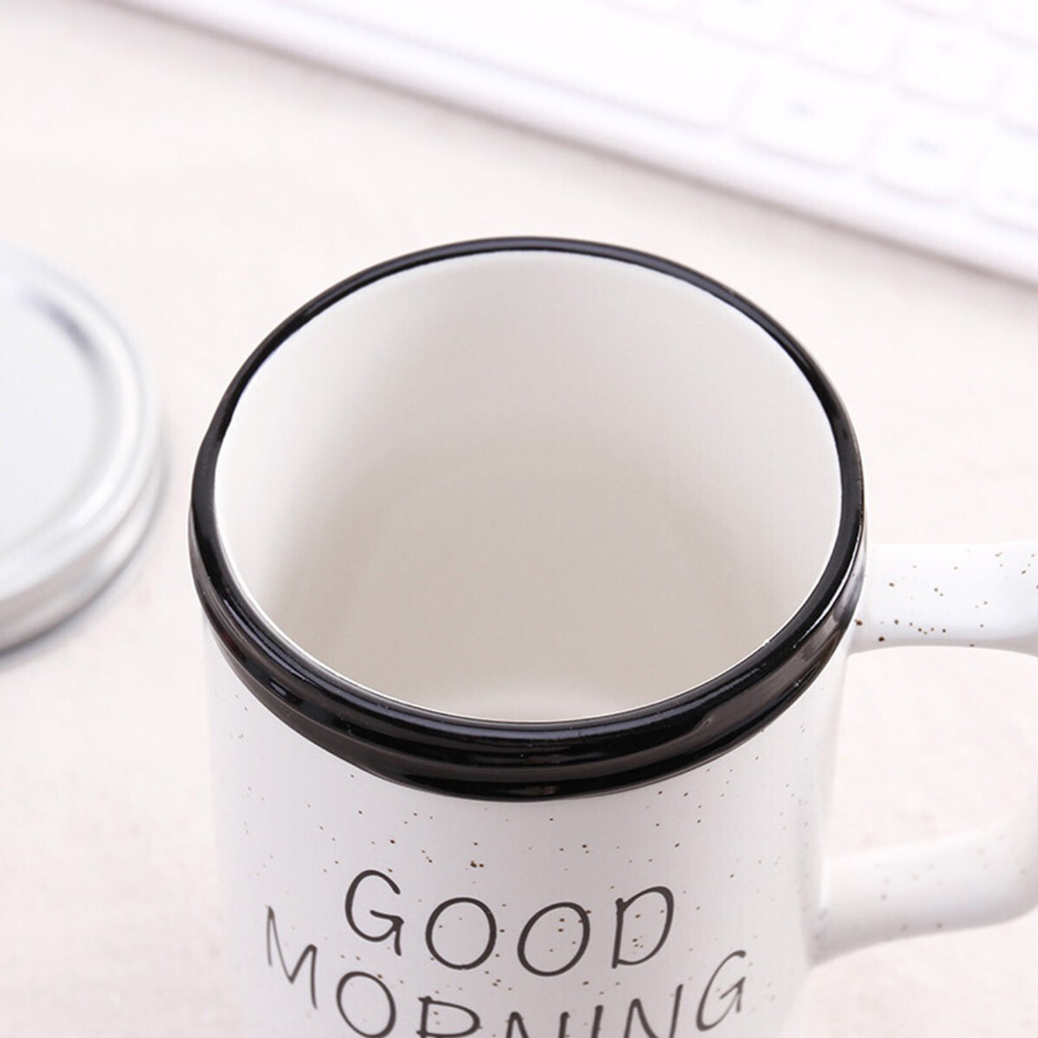 Image of BONZEAL New Quoted Good Morning Printed Jar with Glass Straw With Lid Ceramic Coffee Mug
