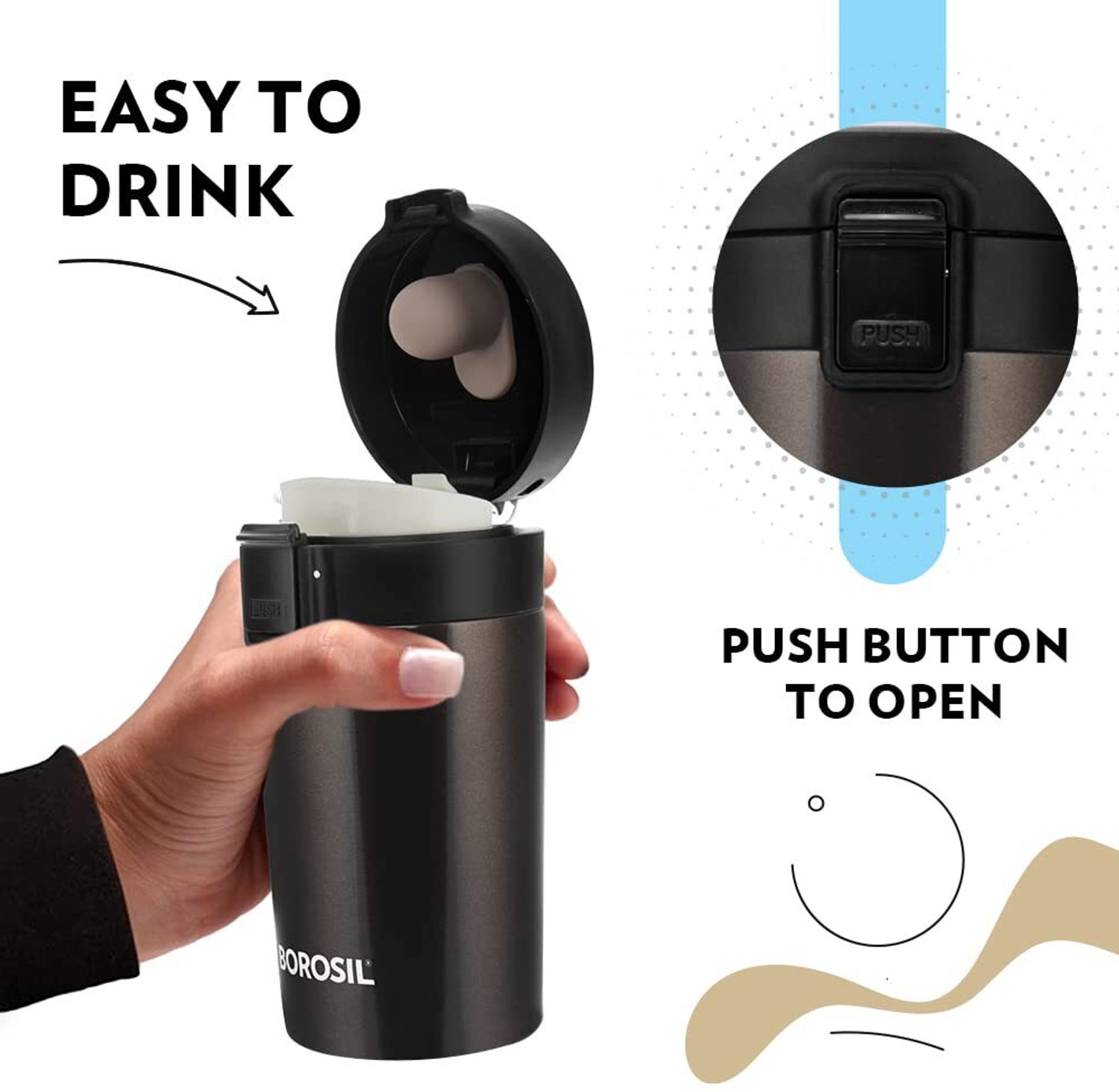 Image of BOROSIL Coffeemate Vacuum Insulated Travel Mug with Lid, 8 Hours Hot & 14 Hours Cold 300 ml Steel Flask