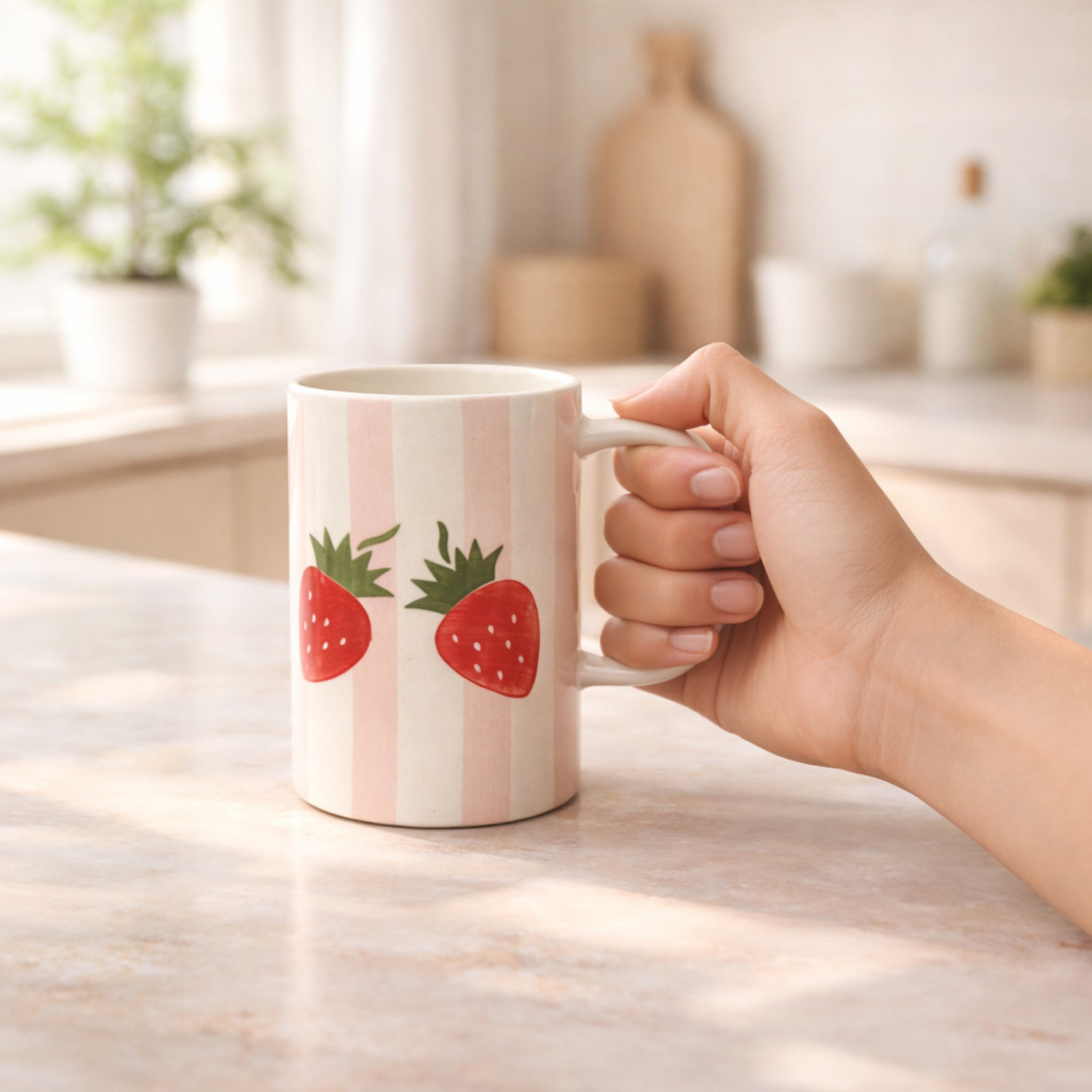 Image of Mitti Outlet Tea / Coffee with handpainted Pink Strips Strawberry with Lid design set Ceramic Coffee Mug (250 ml, Pack of 2)