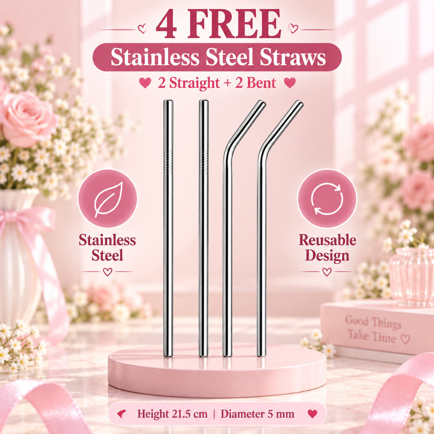 Image of Ritora Vacuum Insulated Tumbler with Handle & 4 Stainless Steel Straws Stainless Steel Tumbler