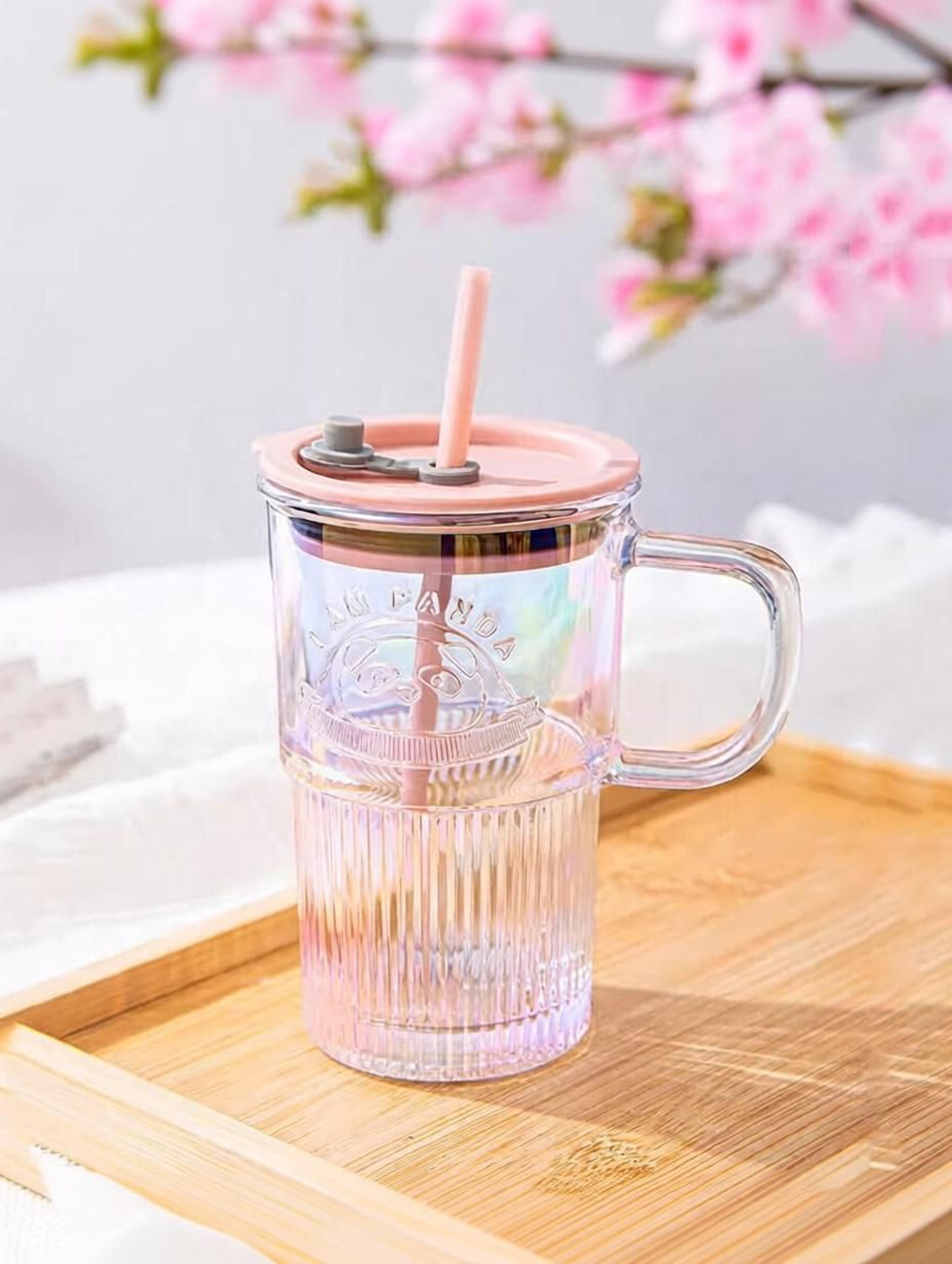 Image of infinitepiinitiatives Glass Tumbler with Lid Handle and Straw Iced Coffee Cup with Gold Badge Pattern Glass Coffee Mug