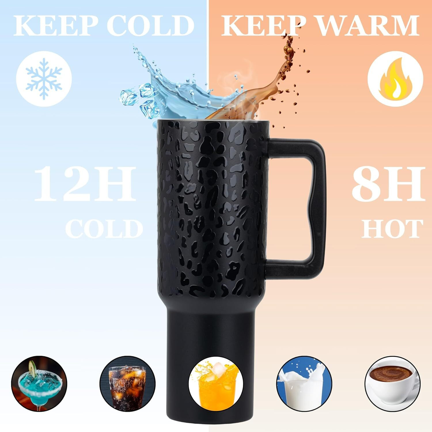 Image of cropito Insulated Tumbler with Handle & Straw, Leak Proof Travel Sipper Cup black Stainless Steel Tumbler