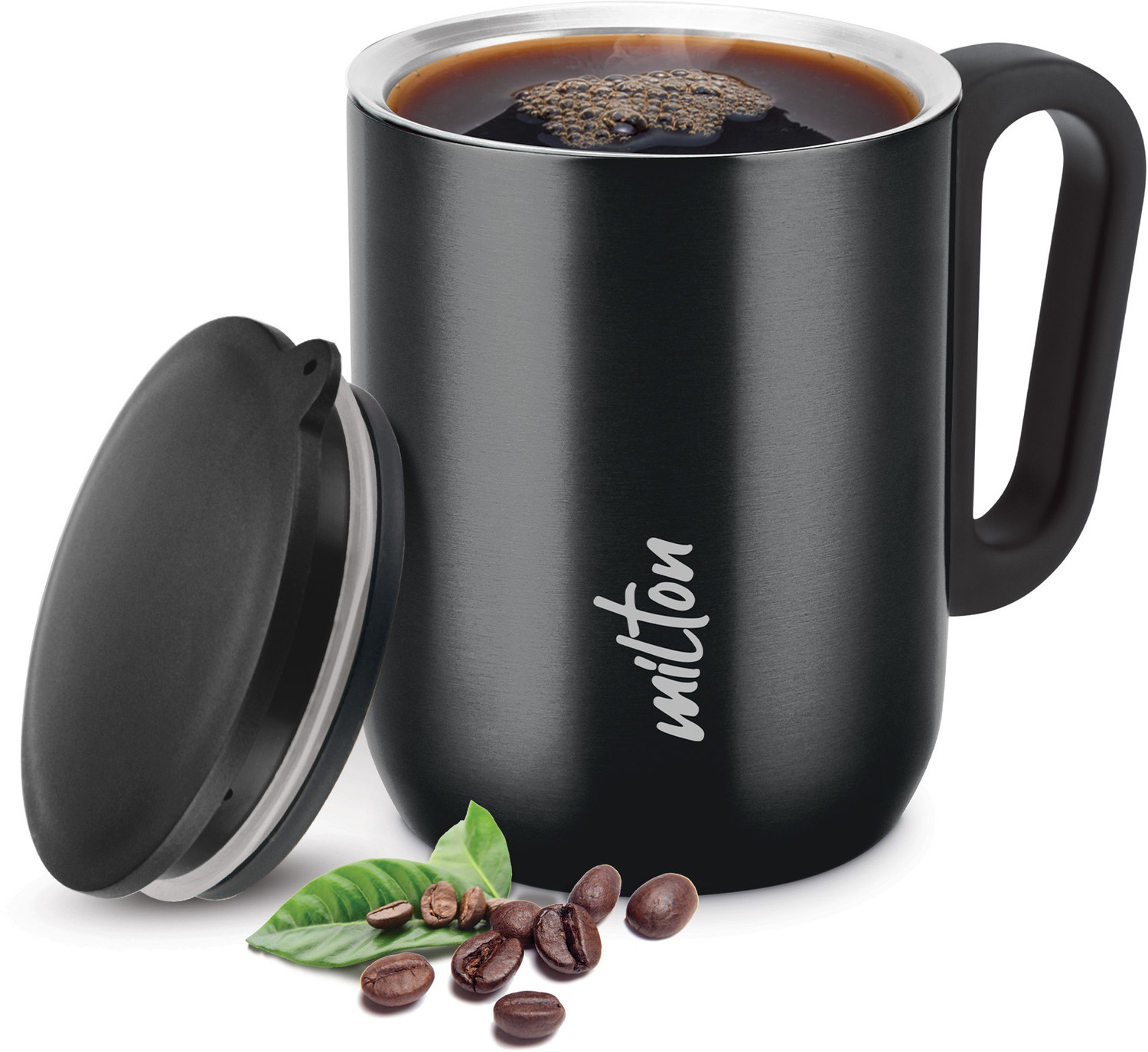 Image of MILTON Erin Coffee 250 Double Walled Coffee 240ml Inner Steel & Lid, Black Stainless Steel Coffee Mug