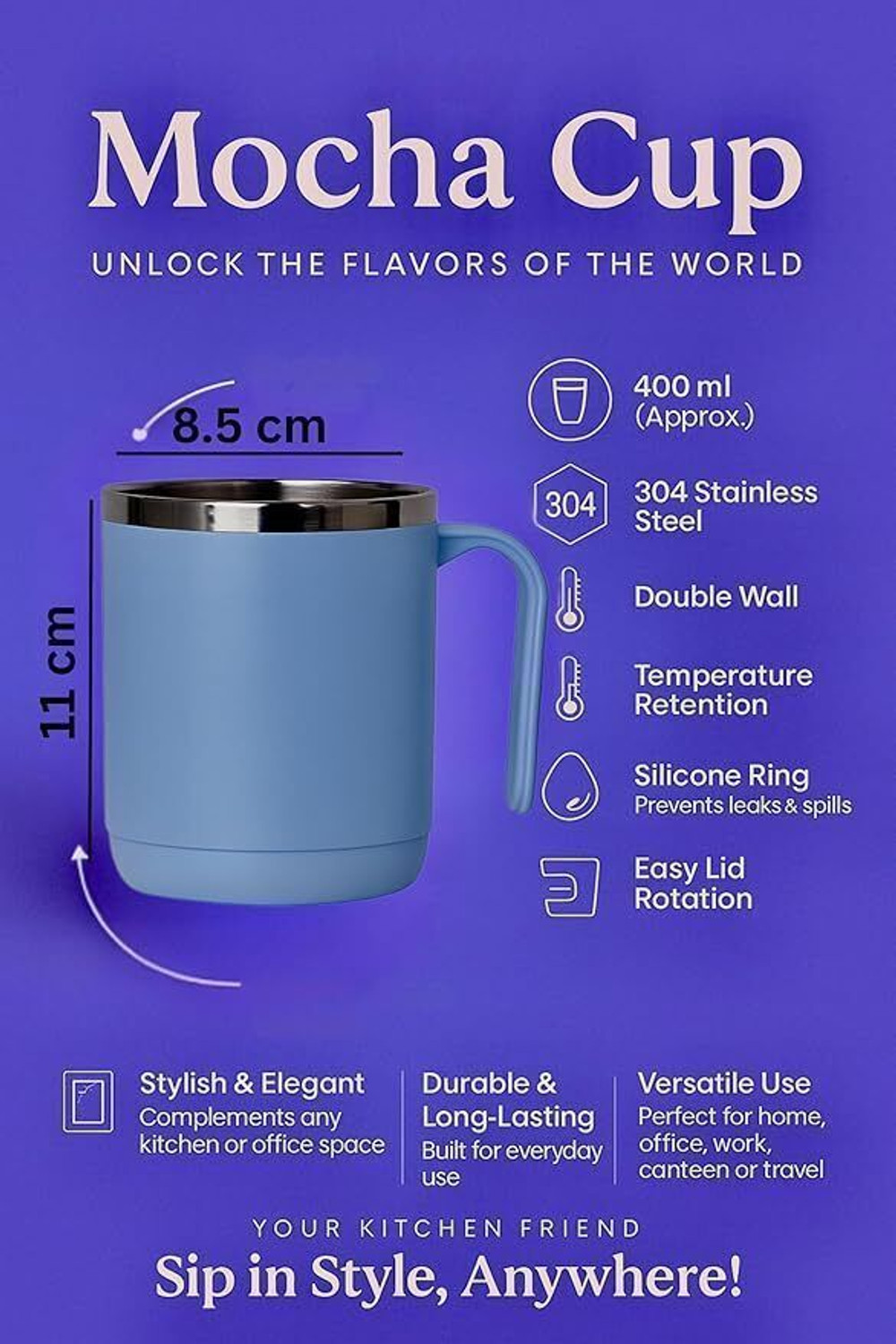 Image of Tylos Insulated Plastic Stainless Steel Coffee, Mocha Cup with Lid for men & women Stainless Steel Coffee Mug