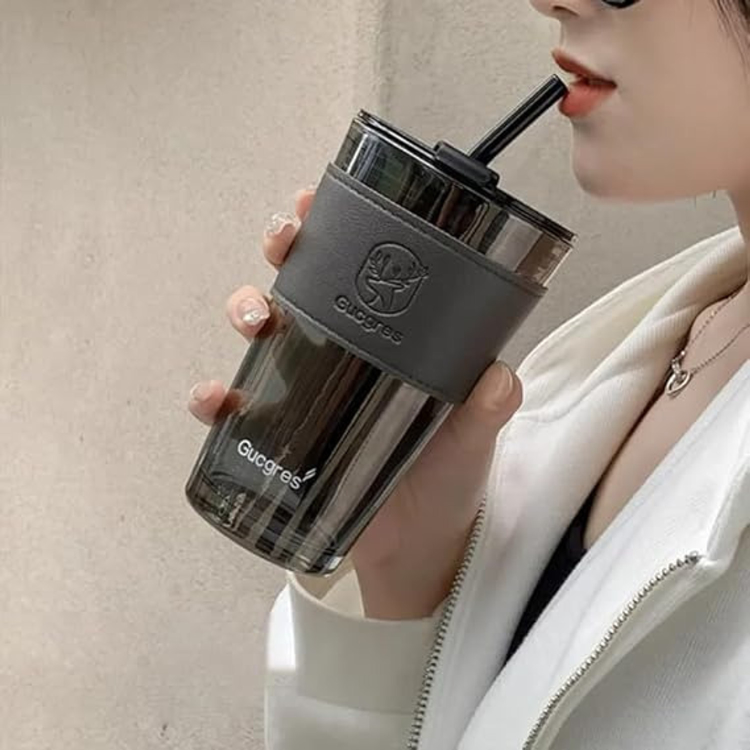 Image of Wallsenterprise 2 Reusable Glass Travel Sipper Tumbler with Straw & Lid Tea Glass Coffee Glass Coffee Mug
