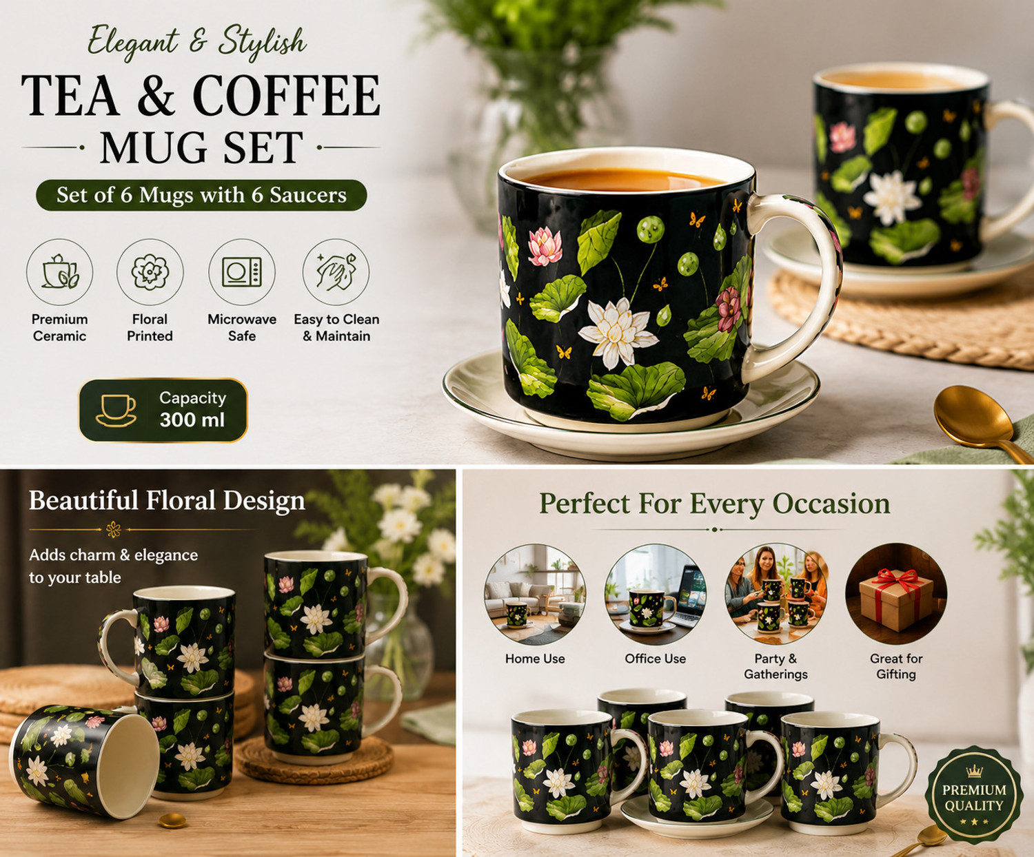 Image of The Cove Tales TCT- MIDNIGHT BLACK LOTUS MUG- SET OF 06 Ceramic Coffee Mug (300 ml, Pack of 6)
